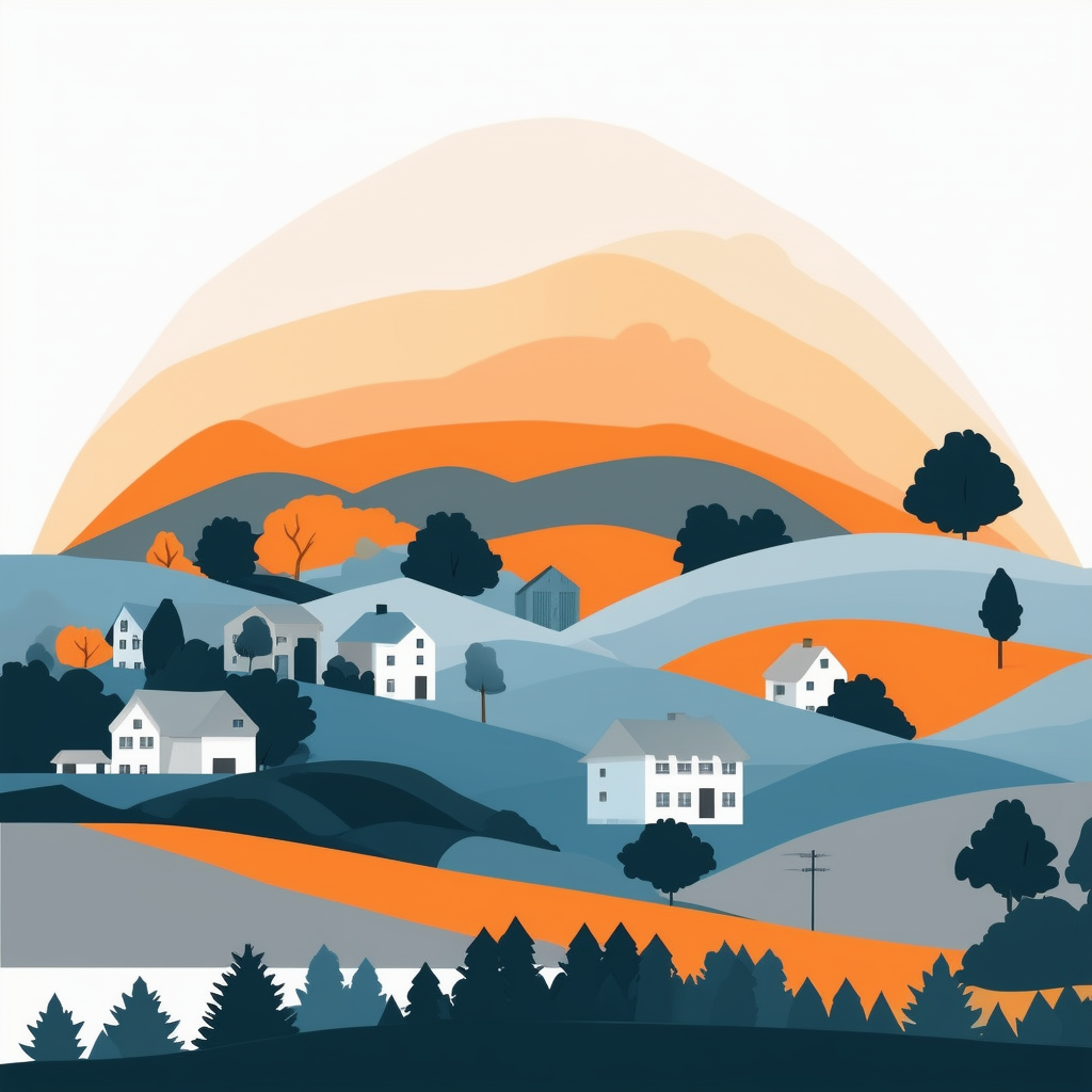 Eine flache Vektorillustration einer friedlichen Landschaft mit verschiedenen Gebietstypen die Immobilienbewertung symbolisiert. Farbschema: Weiss Orange Blau Dunkelgrau Hellgrau.