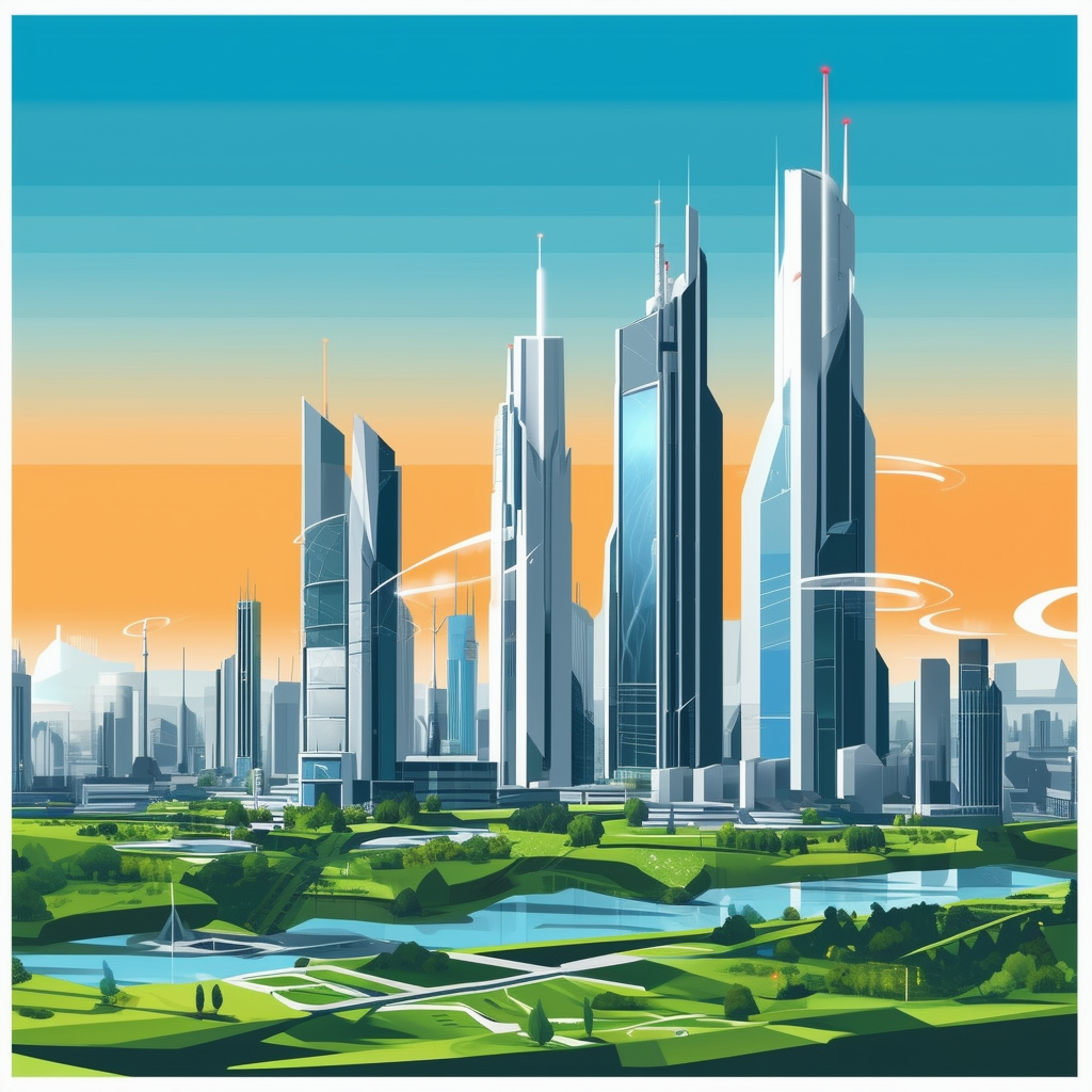 Future Cityscape Illustration: Futuristic skyscrapers green spaces sustainable energy sources Hex colors White ffffff Orange ec6707 Blue 1398f8 Dark Gray 595857 Light Gray a6a7a8.