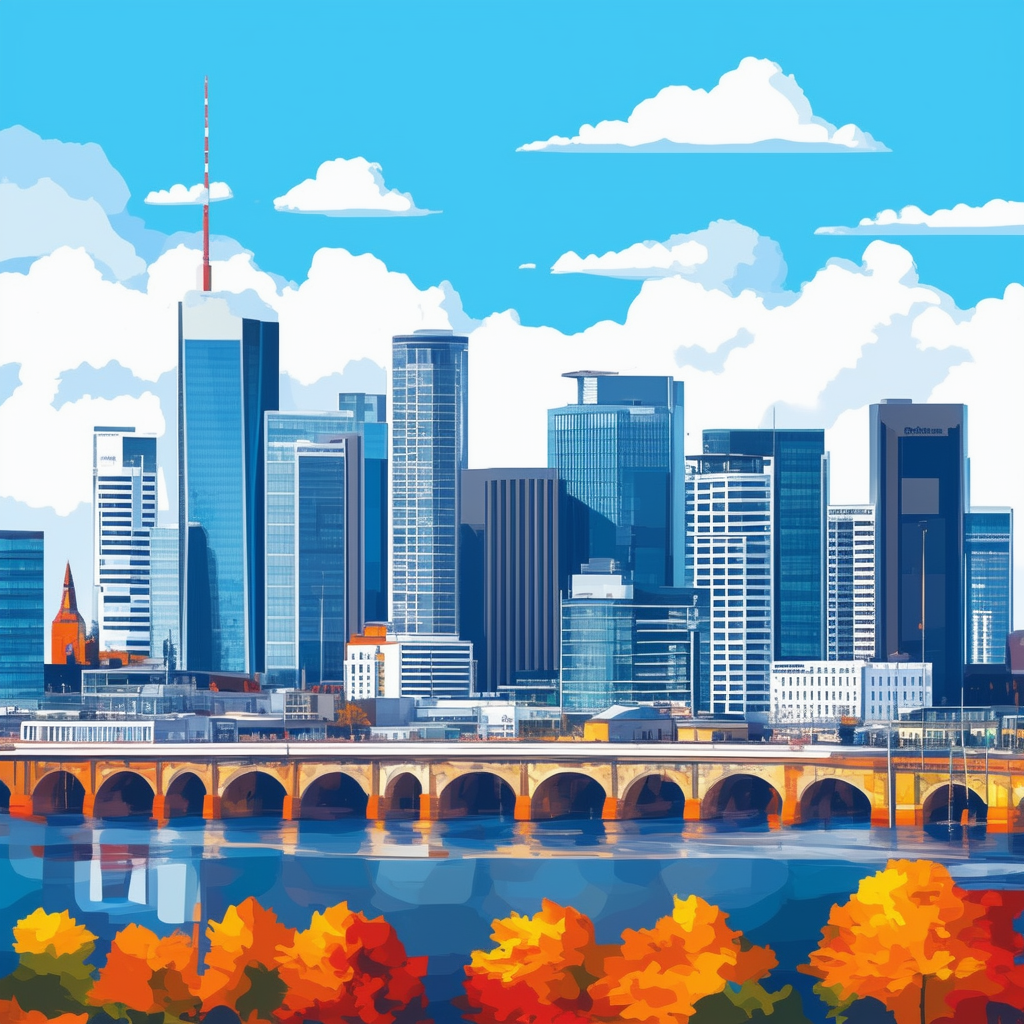 Modern Frankfurt skyline illustration featuring sleek skyscrapers vibrant colors bright blue sky with white clouds incorporating hex codes: White ffffff Orange ec6707 Blue 1398f8 Dark Gray 595857 Light Gray a6a7a8.