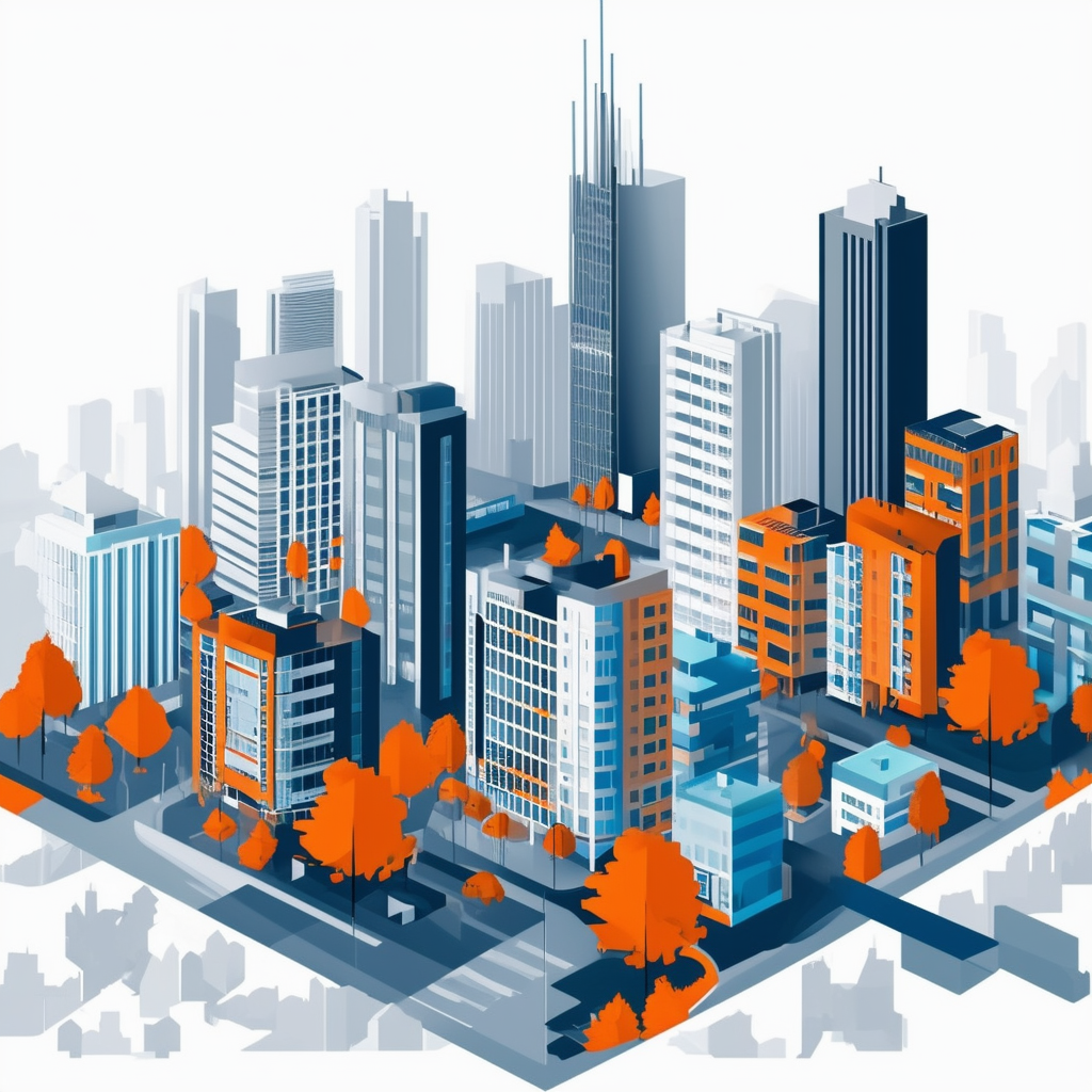 Eine dynamische Stadtlandschaft die den Frankfurter Immobilienmarkt widerspiegelt beeinflusst von Wirtschaftsfaktoren und Zinssaetzen in Weiss Orange Blau Dunkelgrau und Hellgrau.