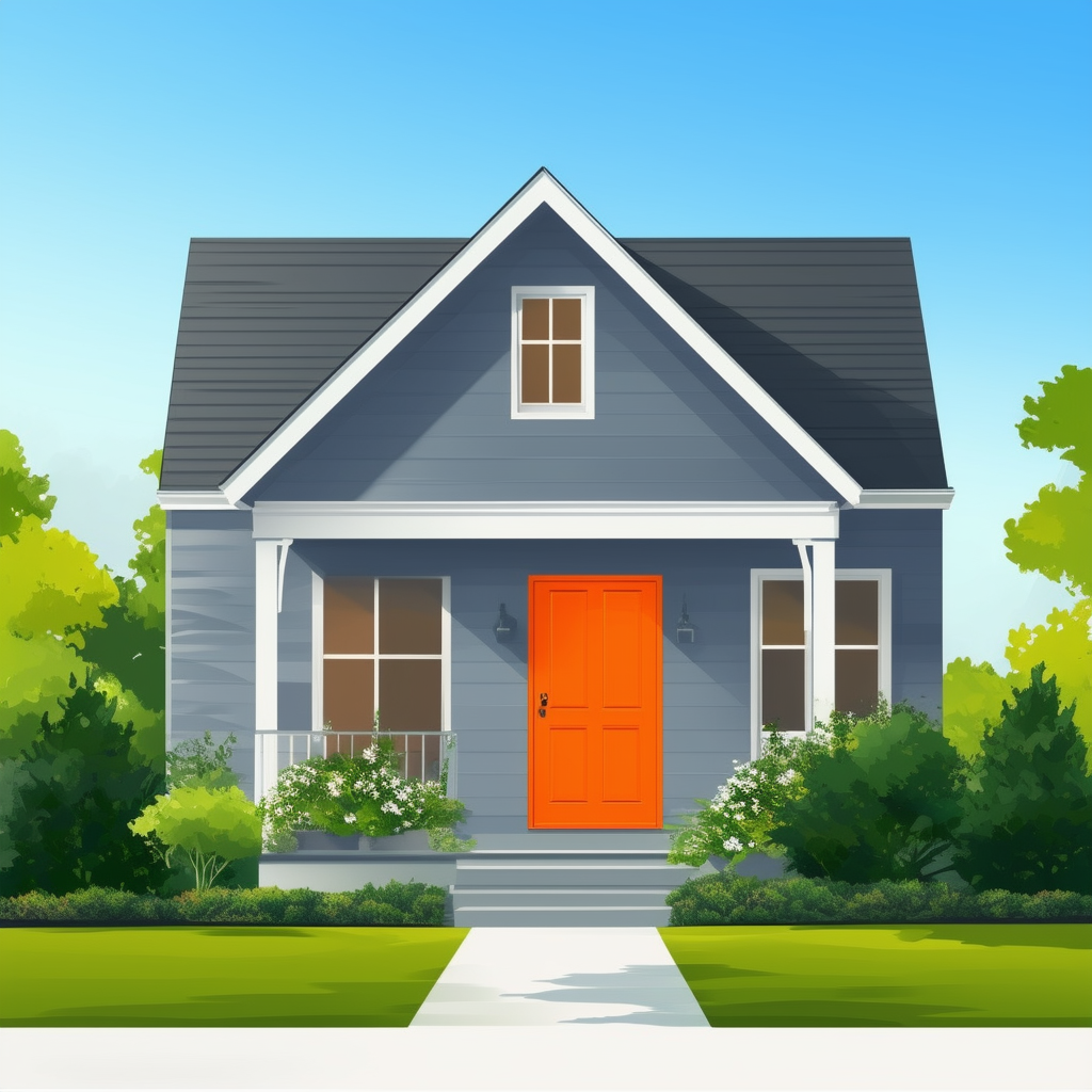 Cozy Home for Sale: A charming flat vector illustration of a house with a bright orange door surrounded by lush greenery set against a serene blue sky conveying warmth and welcoming nature perfect for potential buyers seeking their dream home.