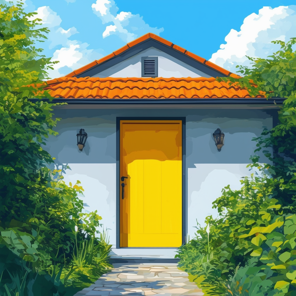 Cozy Home Illustration: A charming flat vector illustration of a house with a bright yellow door surrounded by lush greenery set against a serene blue sky with fluffy white clouds conveying a sense of warmth and welcoming atmosphere featuring the provided