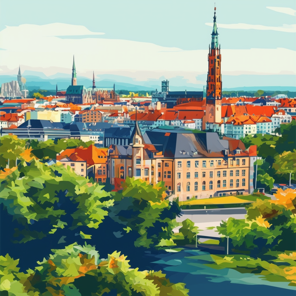 High-quality flat vector illustration showcasing Frankfurt am Main cityscape with prominent building in foreground surrounded by lush greenery and vibrant colors symbolizing growth prosperity harmony incorporating Hex color codes: White ffffff Orange ec670