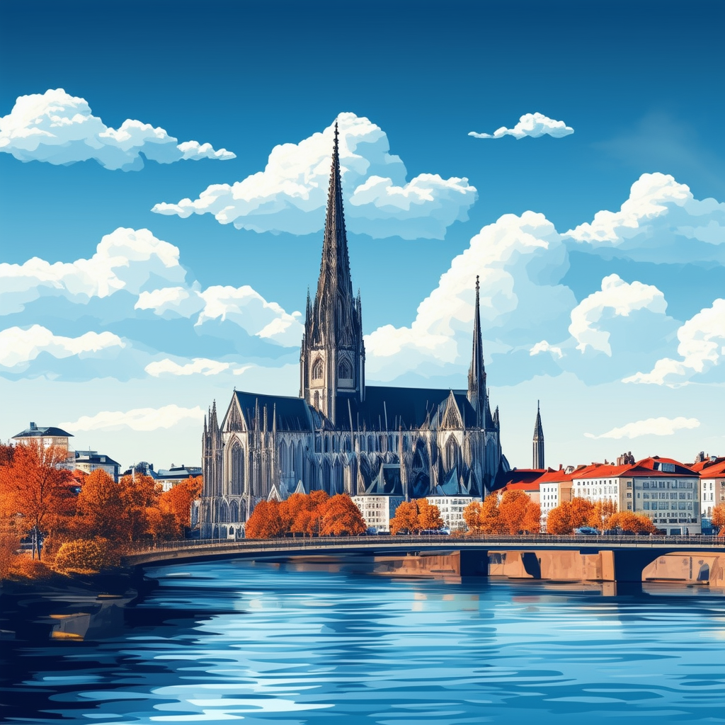 Modern Frankfurt cityscape illustration featuring iconic cathedral and Main River flowing through it set against bright blue sky with puffy white clouds incorporating hex colors White ffffff Orange ec6707 Blue 1398f8 Dark Gray 595857 Light Gray a6a7a8.