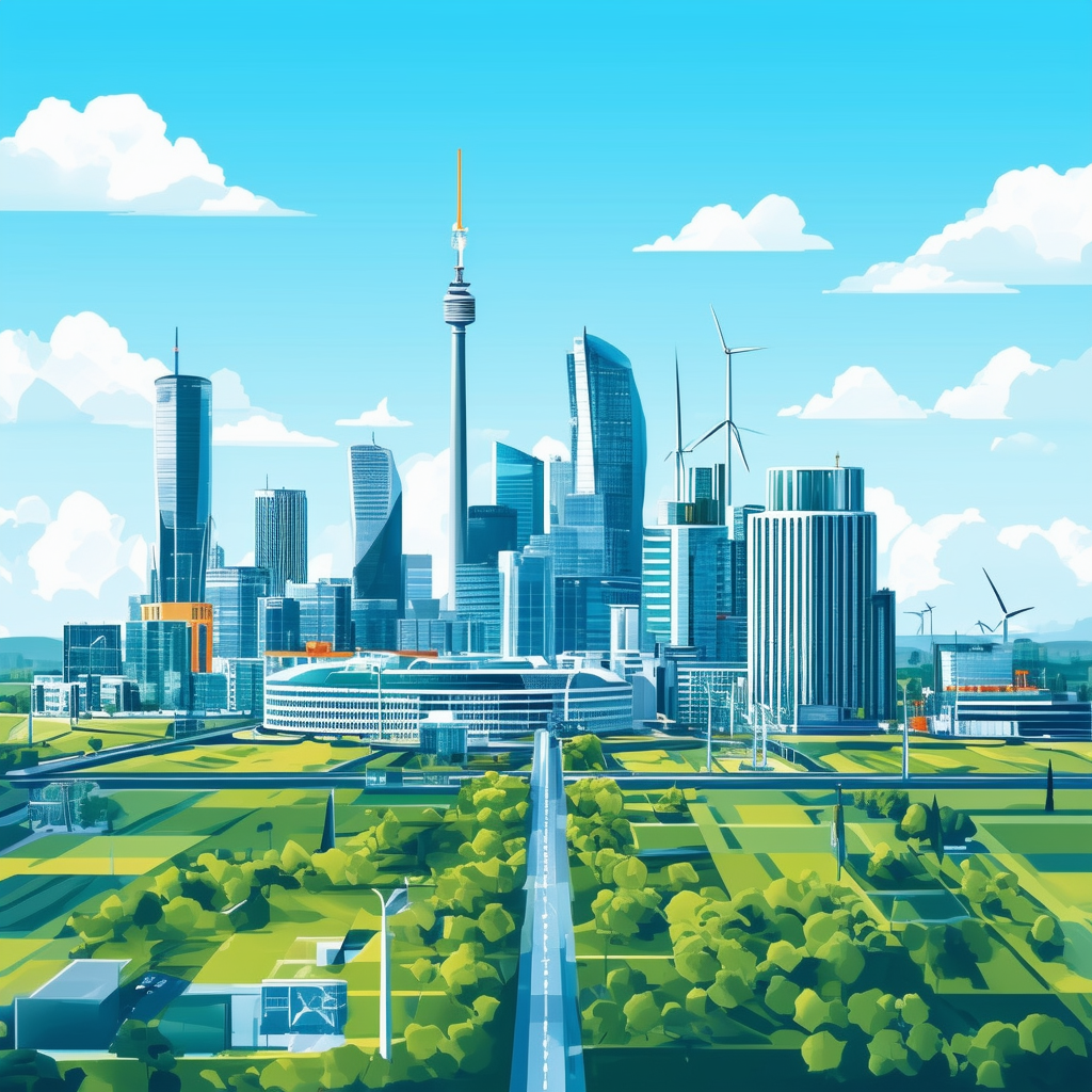 High-quality futuristic cityscape illustration showcasing sustainable energy sources green spaces sleek skyscrapers innovative technologies eco-friendly architecture urban development trends set against bright blue sky with clouds incorporating hex colors: