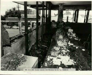 Inside the Whiskey nightclub after the firebombing, smoke damaged and incinerated