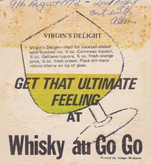 Coaster from the Whiskey Au Go Go dated 1972