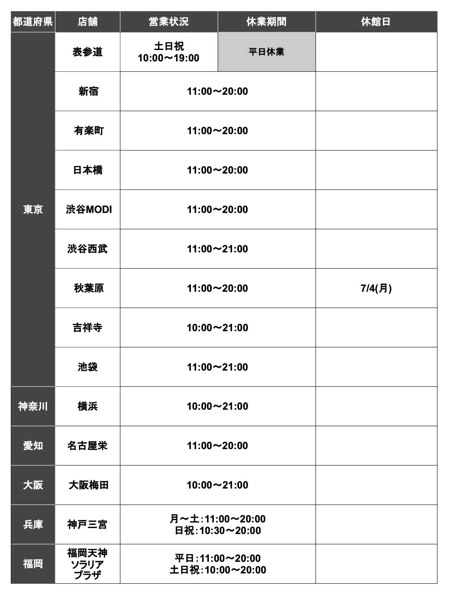 店舗営業スケジュール 7月