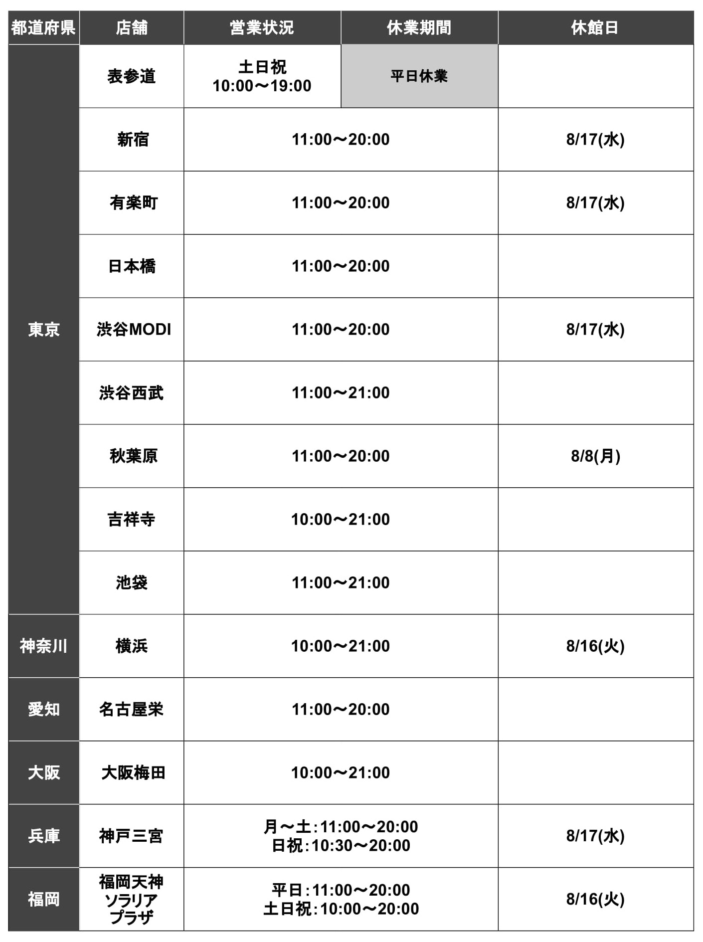 8月定休日一覧表