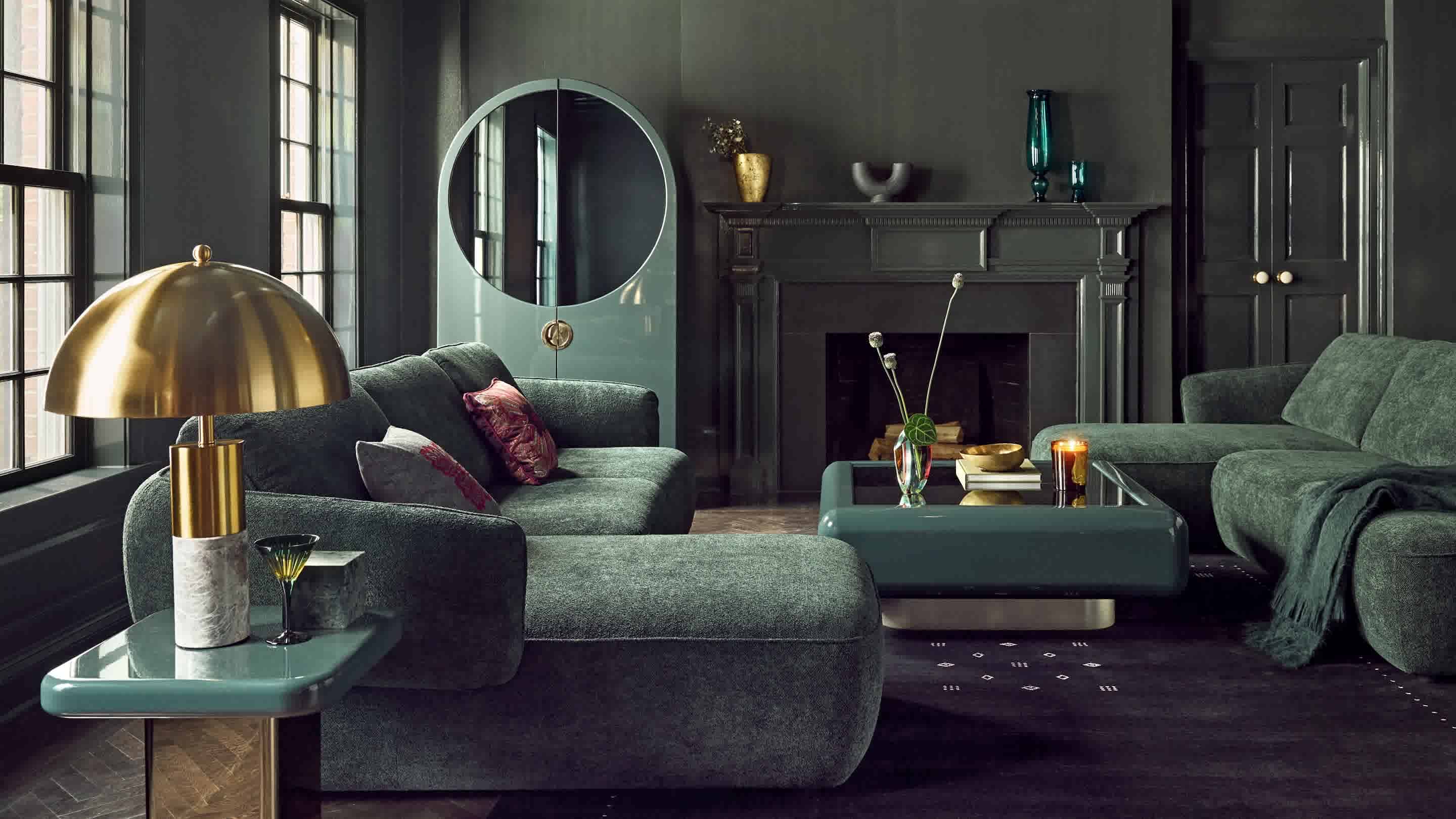 Gelee Cocktail Table, Gelee Accent Table, Gelee Armoire,  Luna Sectional, Flair Table Lamp, Mirage Red/Grey Vase​