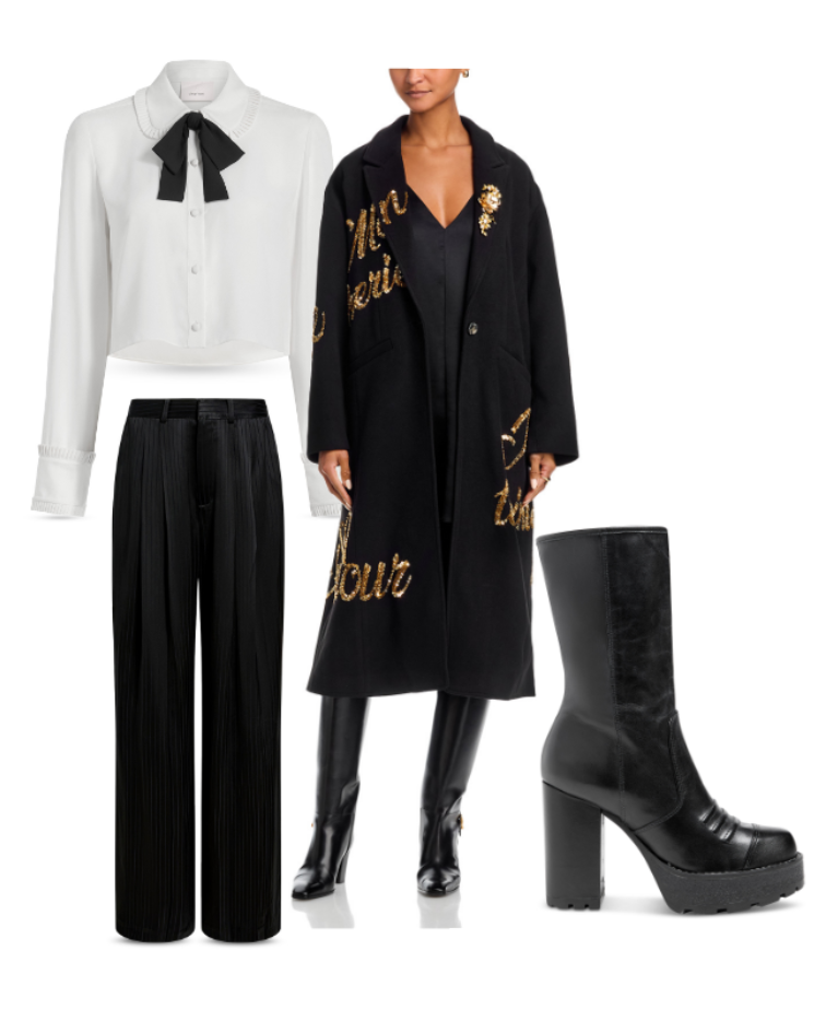 Cinq à Sept Zaida Blouse, Georgia Pants, Sequined Coat & Marley Platform Boots