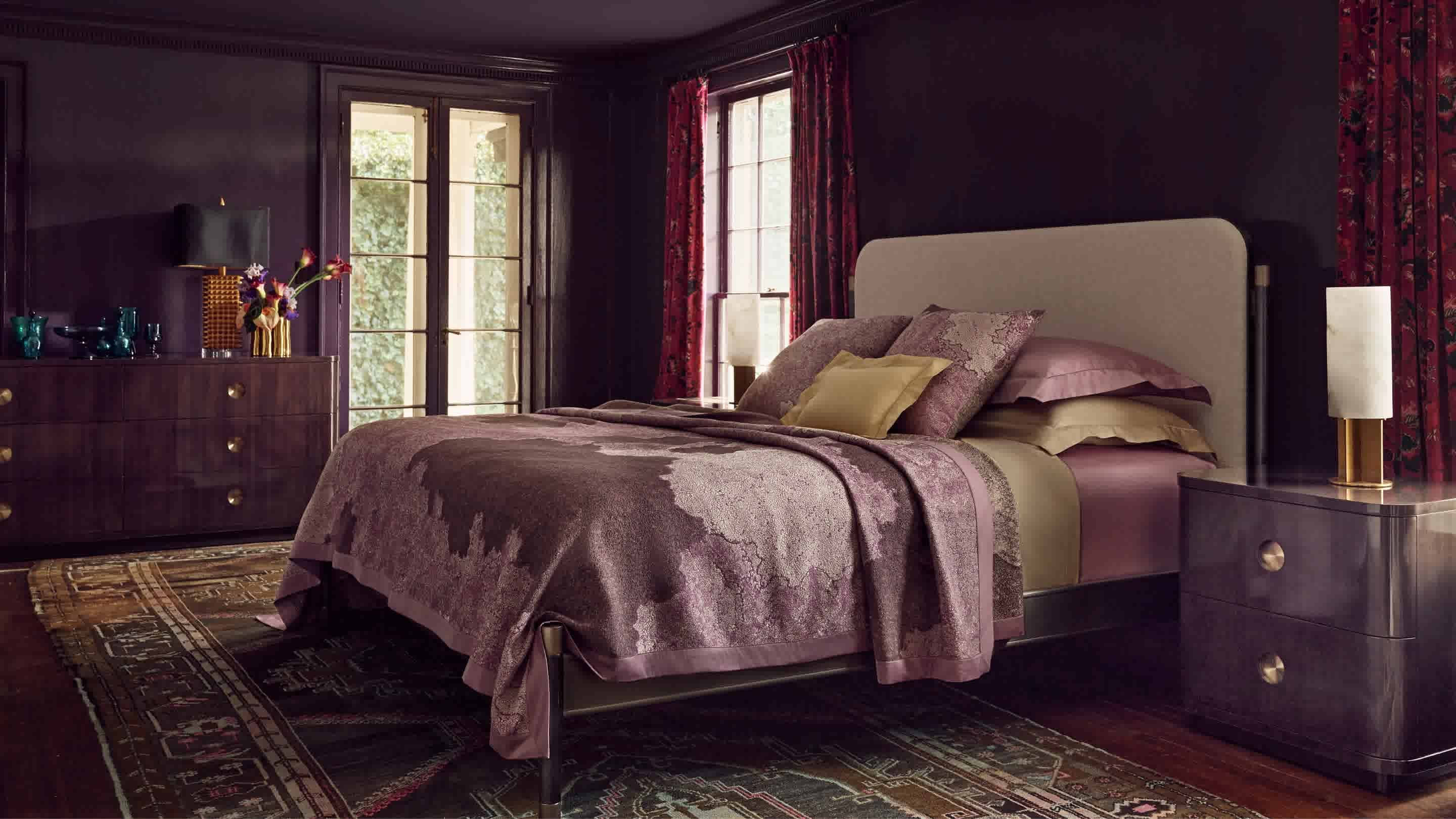 Campaign KING Bed, Bachelor Dresser, Bachelor Small & Large nightstand, Giorgina Table Lamp, Mundo King Coverlet, Bourdon Linen Queen Flat Sheet, Bourdon Linen Qn SHA PAIR, Mundo Figue ESHA, Mundo Figue Dec Pillow, Bourdon Raisin Std Sham