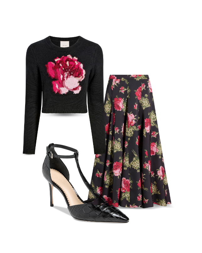 Cinq à Sept Heritage Rose Cropped Sweatshirt, Hilda Baroque Roses Skirt & Clara Pumps