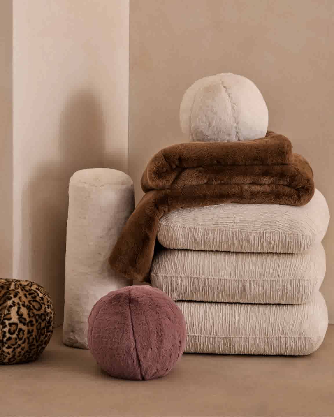 50 x 70" Double Sided Rex Rabbit Faux Fur Throw,  7 x 21" Big Rabbit Solid Faux Fur Bolster, 10" Big Rabbit Solid Faux Fur Ball, The Greenwich Stool