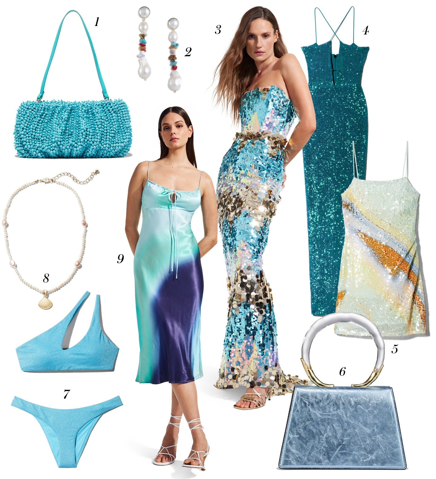 Examples of mermaidcore fashion, including metallic dresses, sequin skirts, sheer dresses and accessories in aquatic hues, as well as other mermaid-style fashion items.