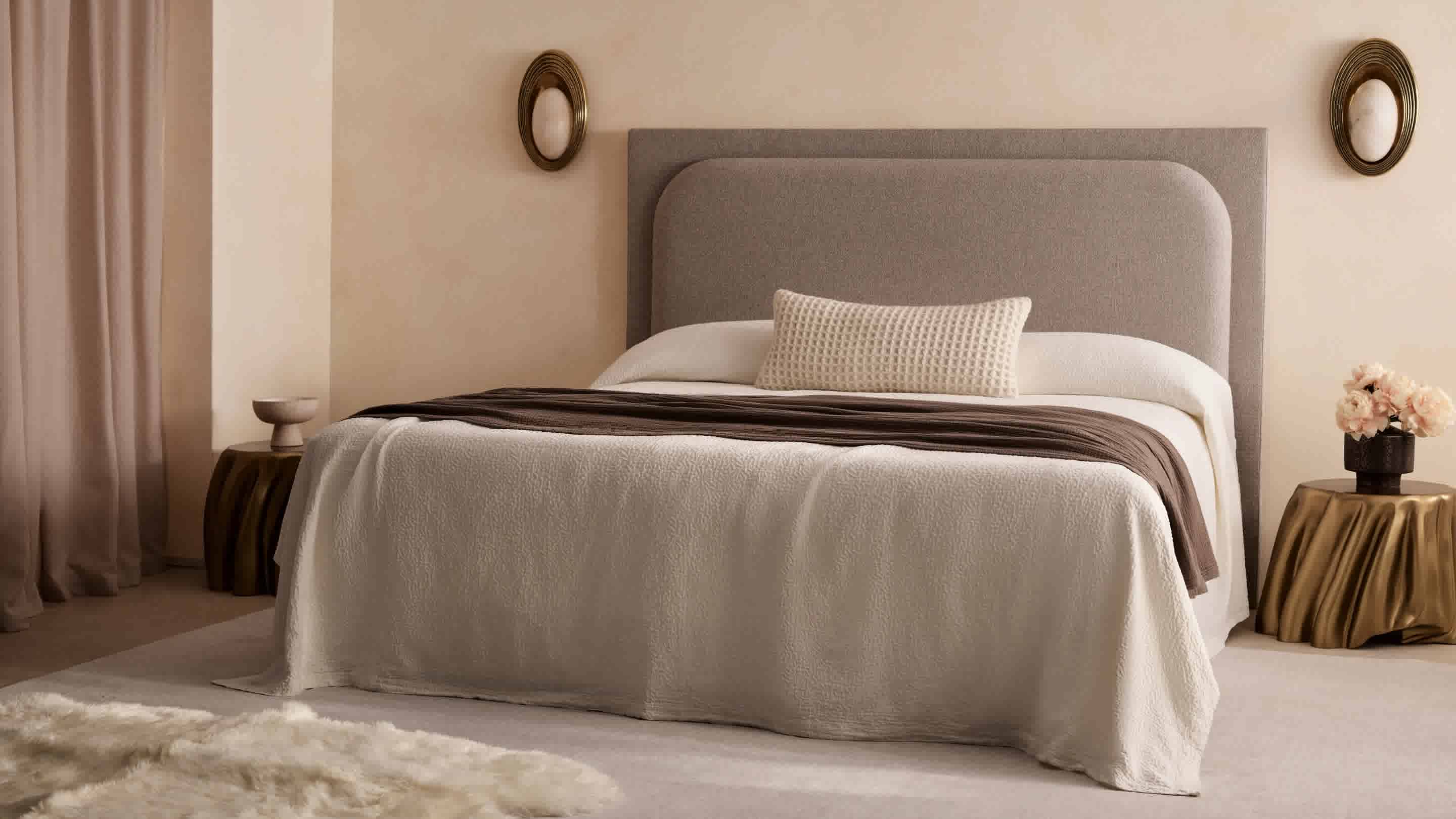 Gambol Panel King Bed,  Chabot Side Table,  Livabliss Sheepskin Shs-9600 Area Rug, Savono Wall Lamp, Dappled Vela Coverlet, Dream bed Blanket, Grand Waffle Merino Wool Decorative Pillow