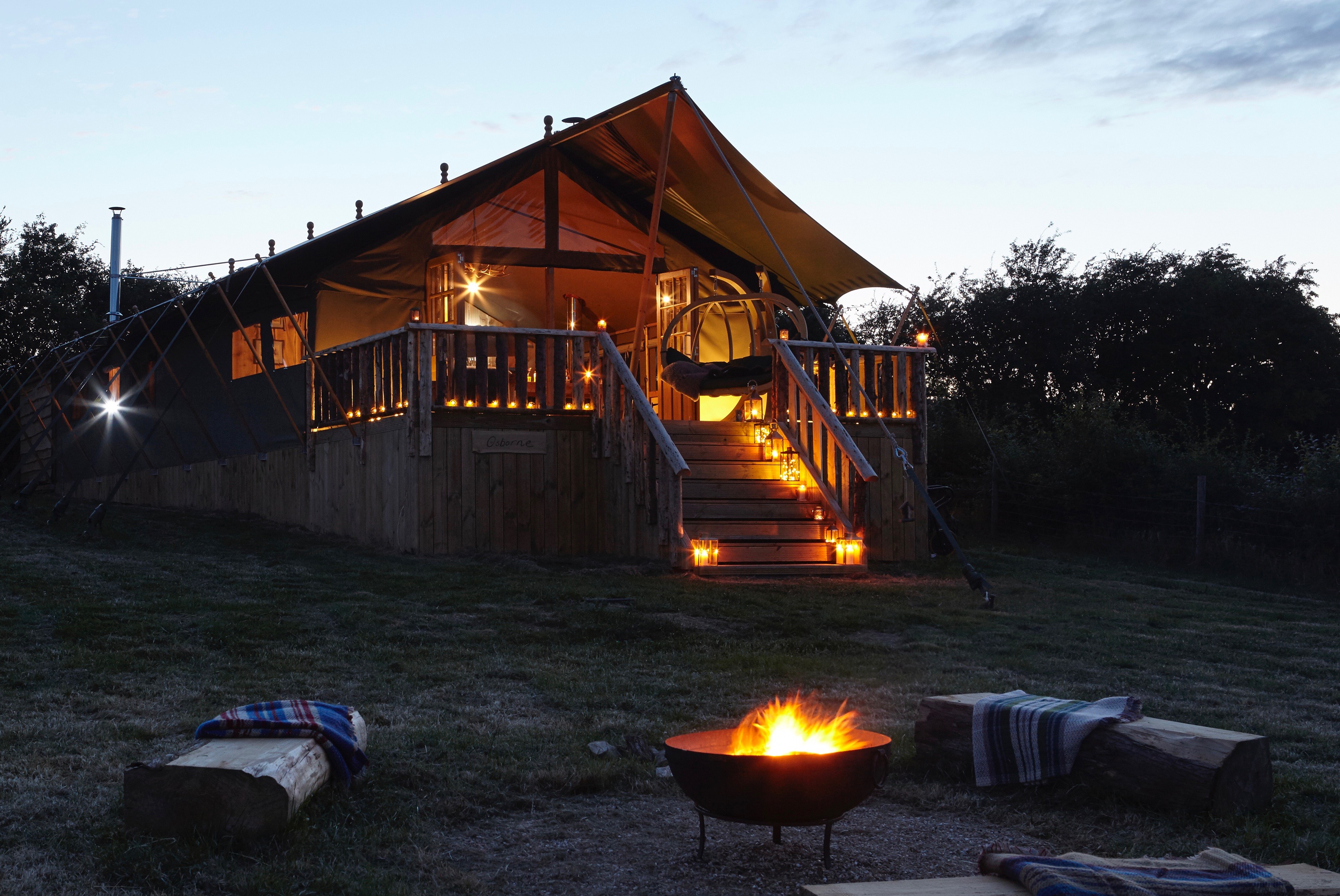 Picture of a glamping the wight way lodge at dusk near Freshwater
