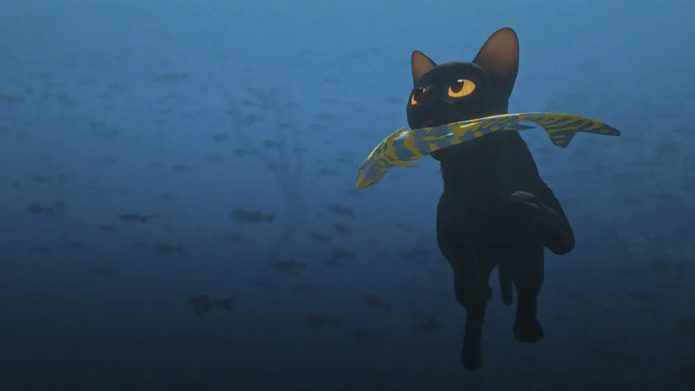 black cat in water with fish in mouth
