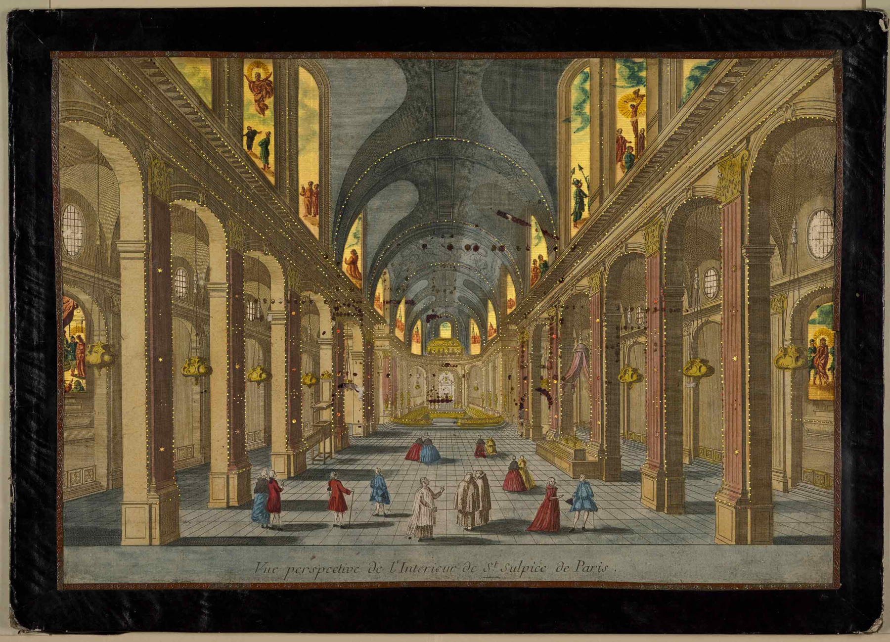 Vue perspective de l'Interieur de St. Sulpice de Paris, hand-colored pierced engraving, 18th century, from the Richard Balzer Collection, gift of Patricia Bellinger Balzer, photo courtesy the Margaret Herrick Library