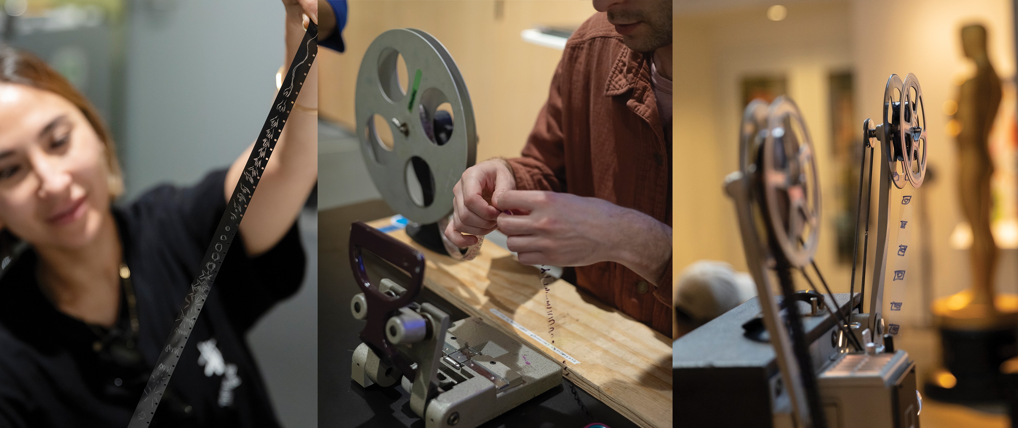 A man and woman are collaborating on repairing a film projector in a workshop setting. A man and woman are focused on fixing a film projector, surrounded by tools and equipment in a workshop.