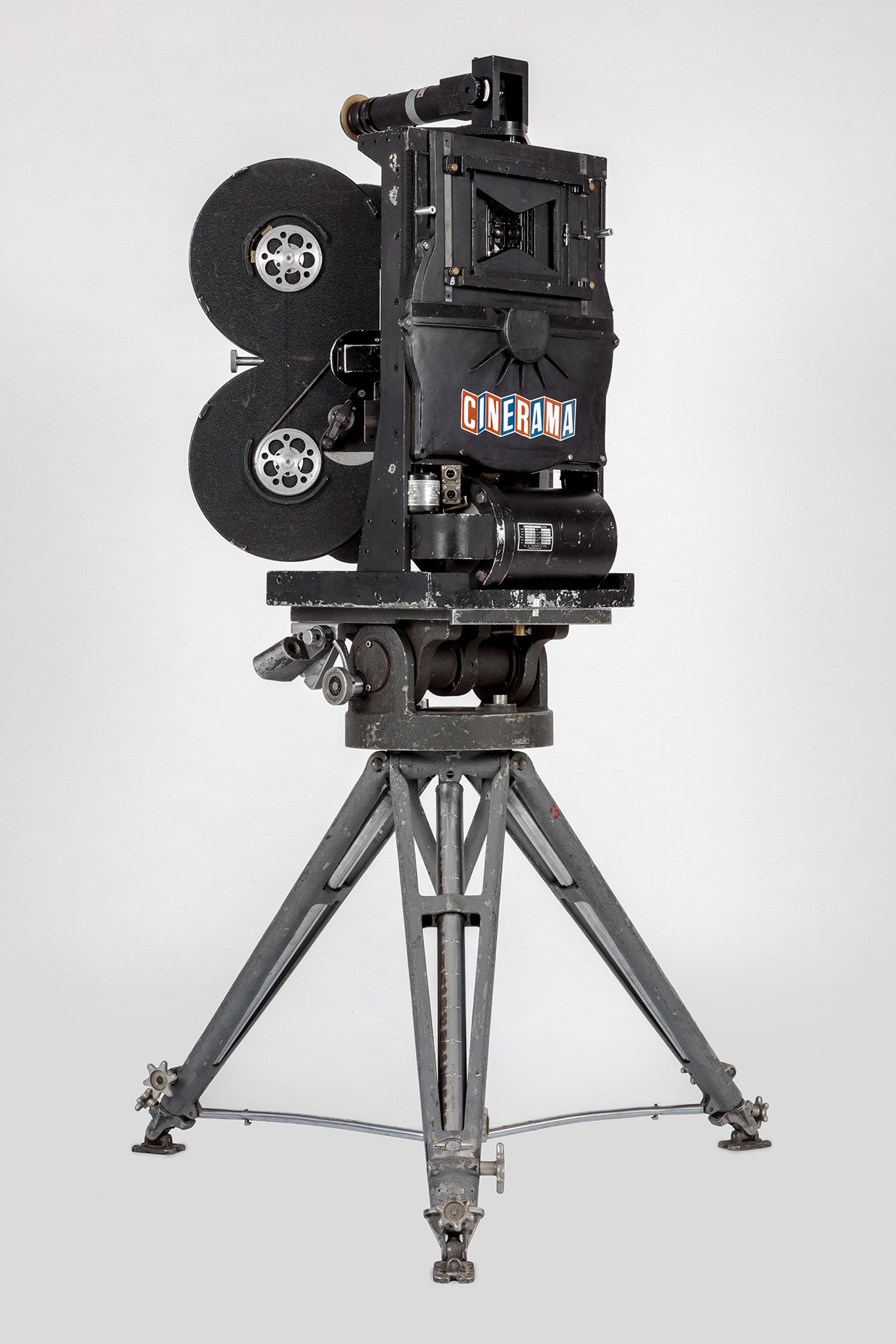 Detail of Cinerama camera with magazines, movements, and tripod. Gift of Michael Forman and Cinerama, Inc. Photography by Joshua White. ©Academy Museum Foundation