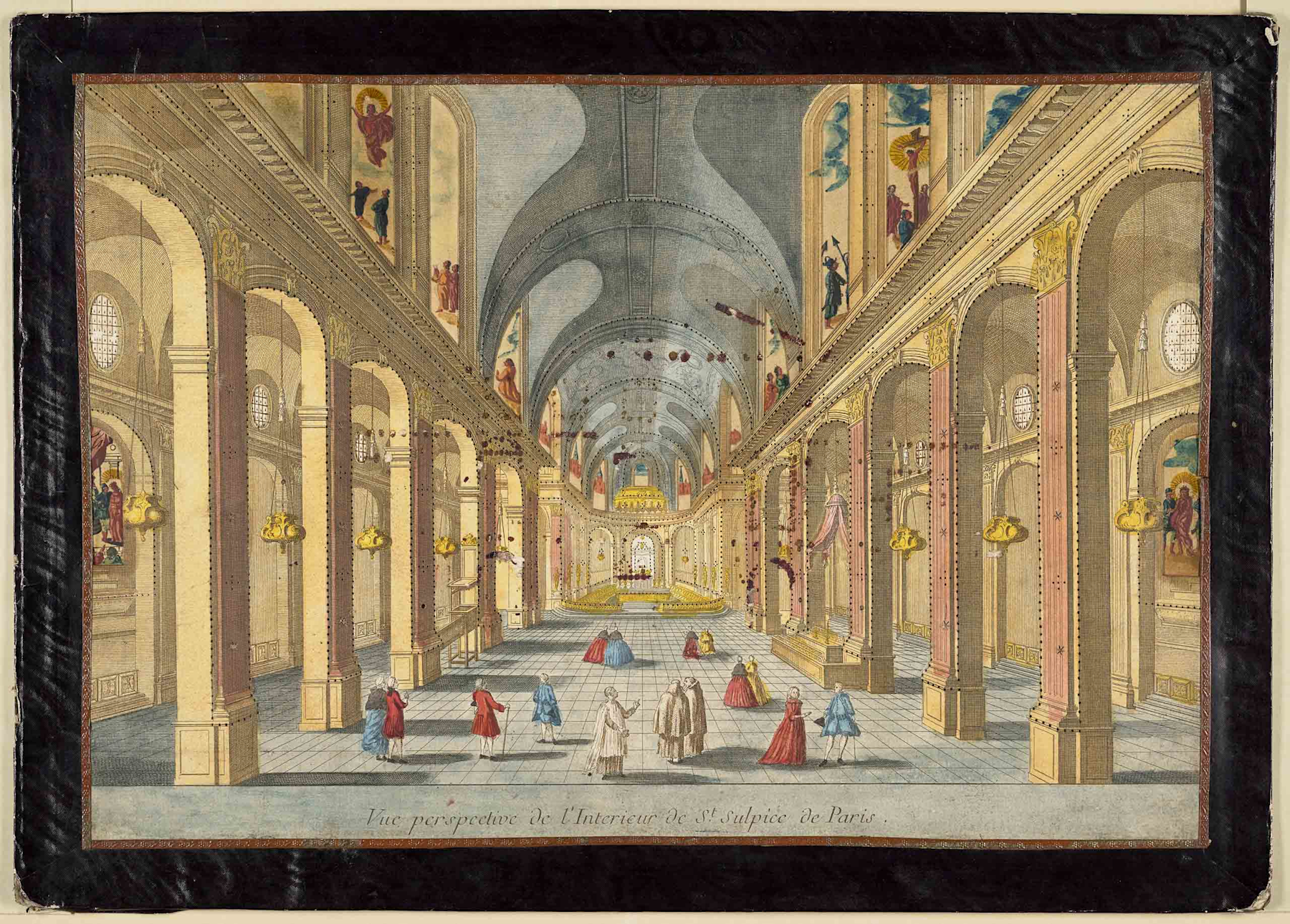 Vue perspective de l'Interieur de St. Sulpice de Paris, hand-colored pierced engraving, 18th century, From the Richard Balzer Collection, gift of Patricia Bellinger Balzer, photo courtesy the Margaret Herrick Library
