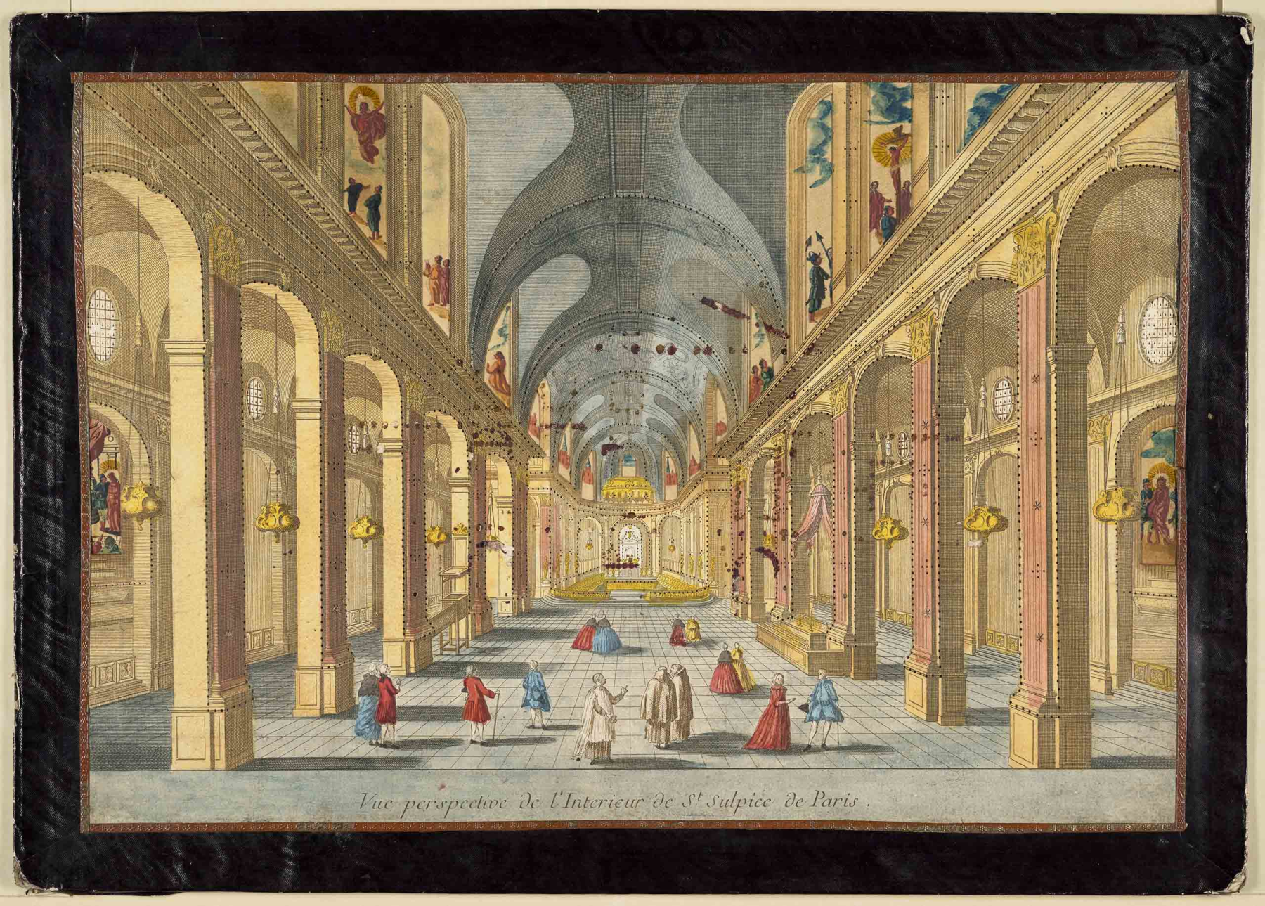 Vue perspective de l'Interieur de St. Sulpice de Paris, hand-colored pierced engraving, 18th century, From the Richard Balzer Collection, gift of Patricia Bellinger Balzer, photo courtesy the Margaret Herrick Library