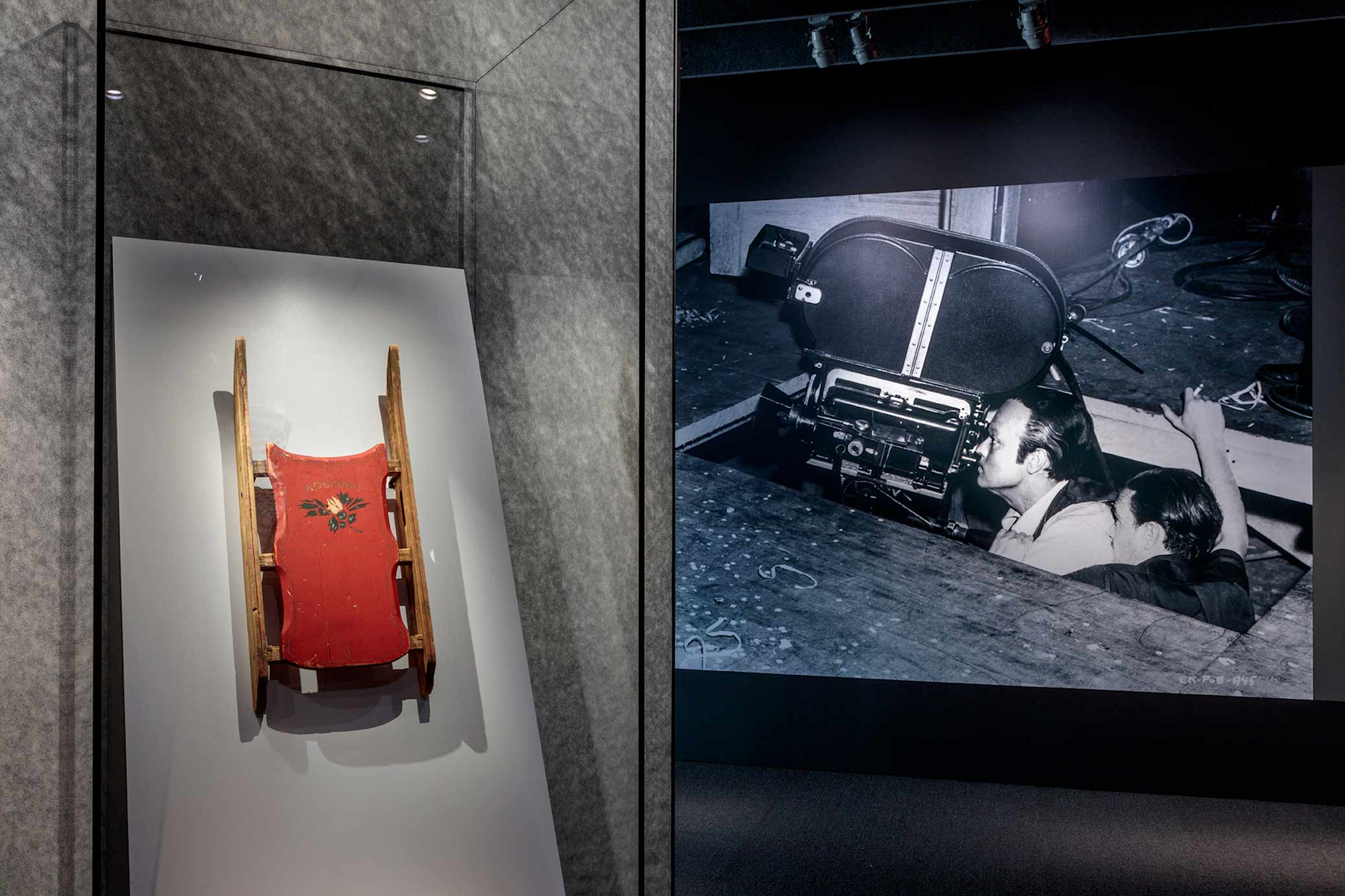 Rosebud sled created for Citizen Kane (1941); Balsa wood and paint with gift detail; Collection of Steven Spielberg; Significant Movies and Moviemakers: Citizen Kane, Stories of Cinema 2, Academy Museum of Motion Pictures. Photo by Joshua White, JWPictures/©Academy Museum Foundation