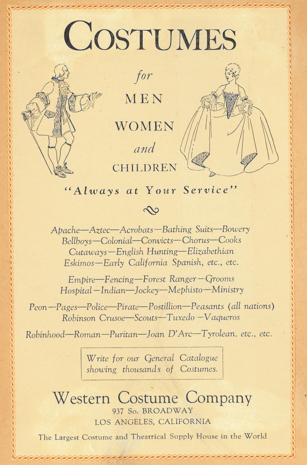An advertisement from the 1920s, courtesy of Western Costume Company.