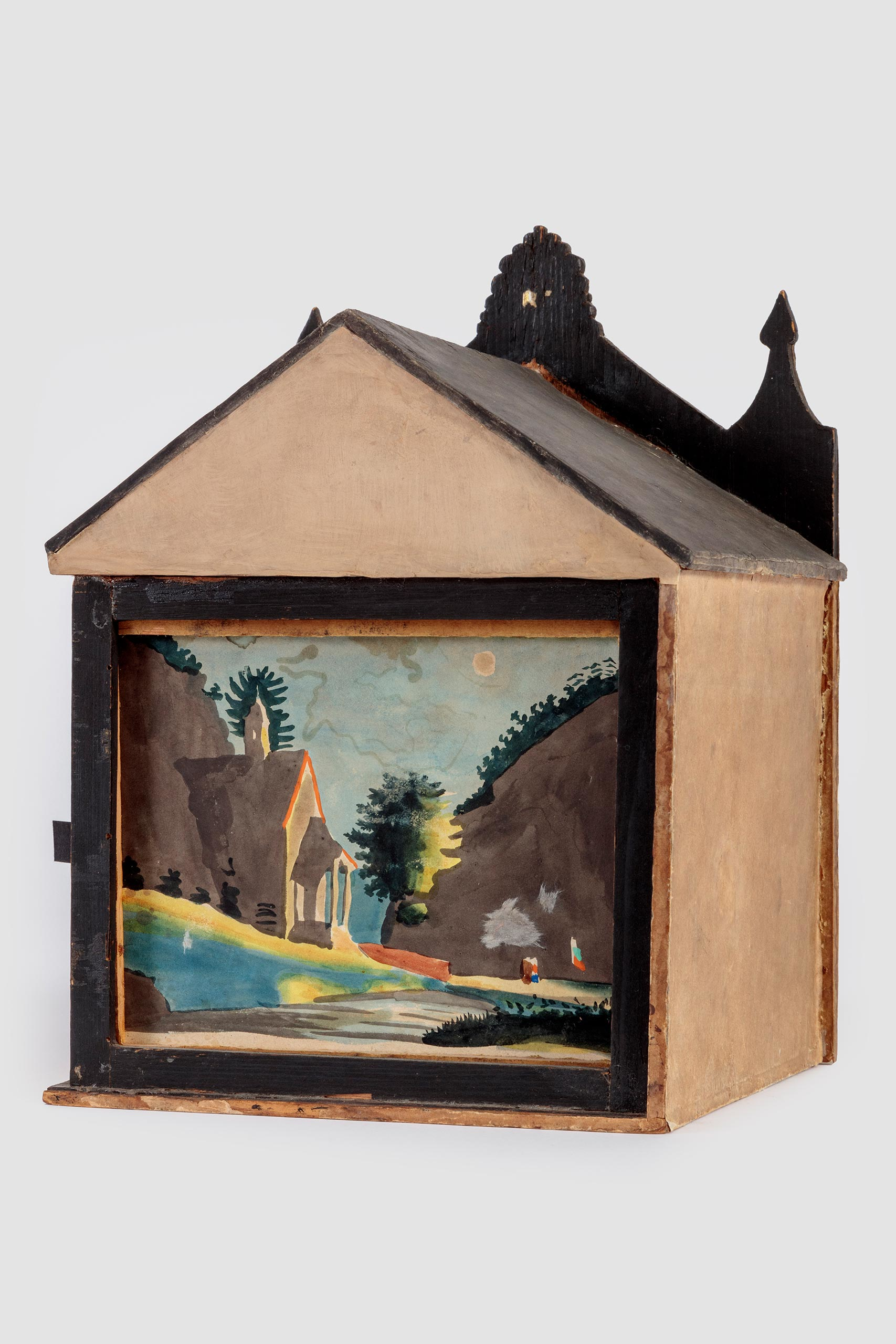 Dutch Peepshow Viewer with View, Wood, print on paper with hand coloring, and glass, c. 1850, The Netherlands, from the Richard Balzer Collection, gift of Patricia Bellinger Balzer, Photo by Joshua White/JW Pictures, ©Academy Museum Foundation