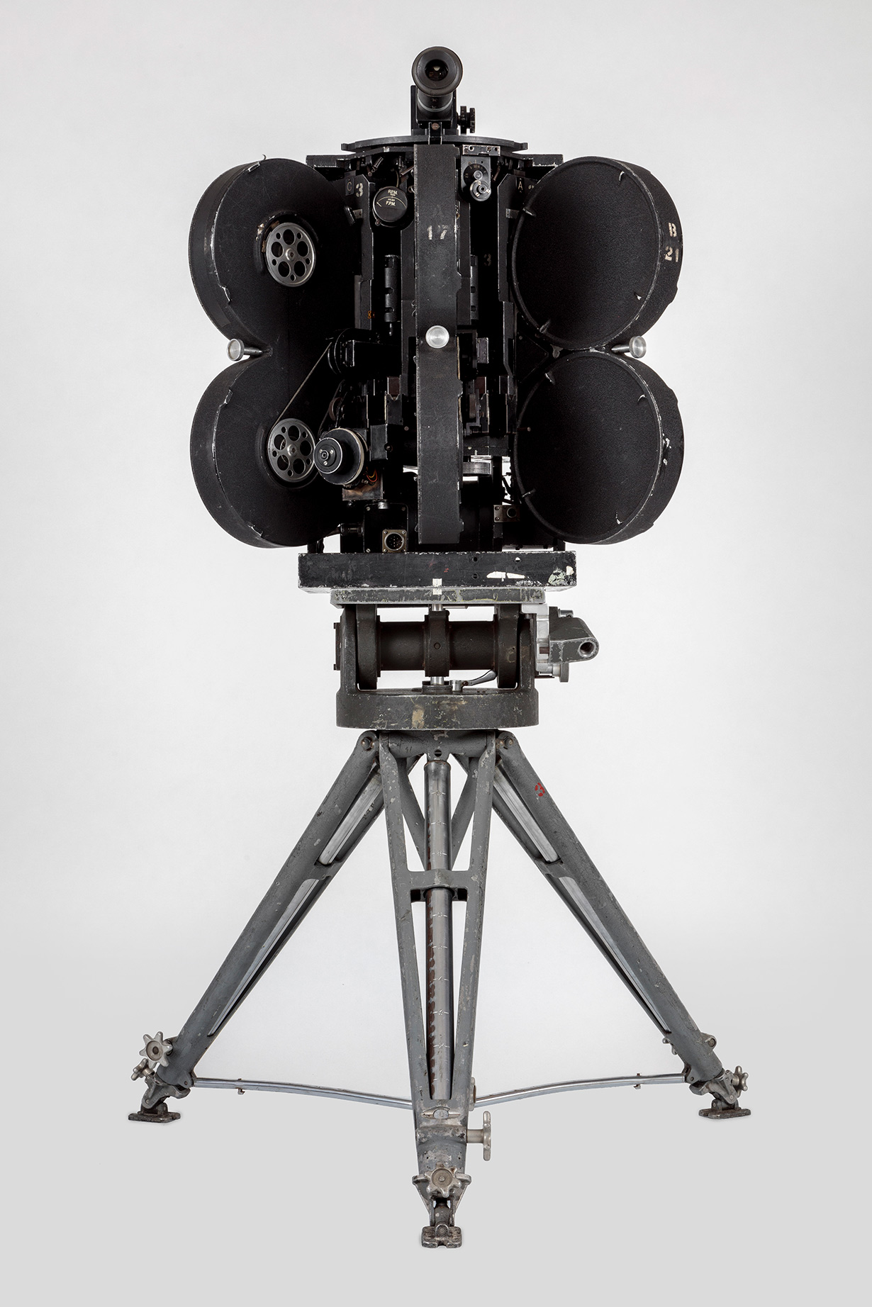 Detail of Cinerama camera with magazines, movements, and tripod. Gift of Michael Forman and Cinerama, Inc. Photography by Joshua White. ©Academy Museum Foundation