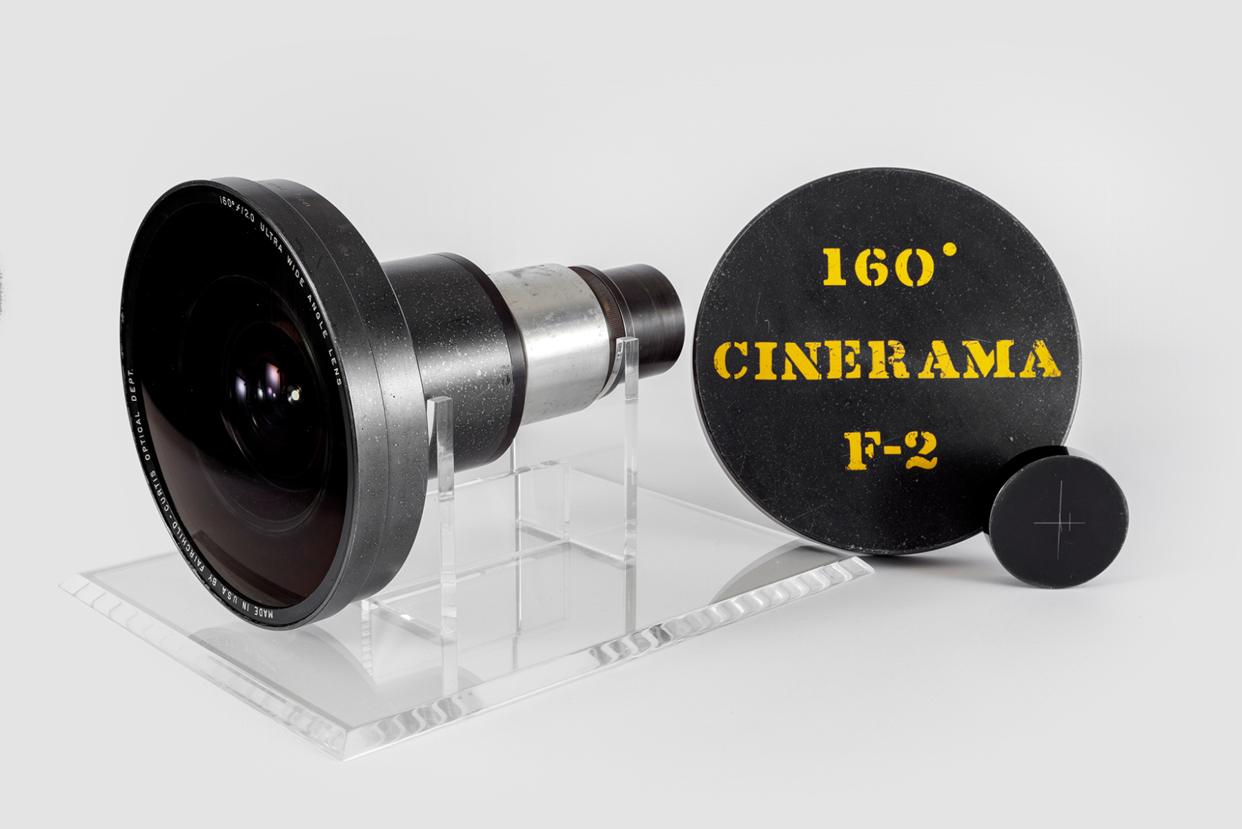 Cinerama Fairchild-Curtis 160-degree ƒ/2 ultra wide-angle lens used to film shots from HAL 9000's point of view in <i>2001: A Space Odyssey</i> (1968). Academy Museum of Motion Pictures. Photo by Joshua White, JWPictures/©Academy Museum Foundation