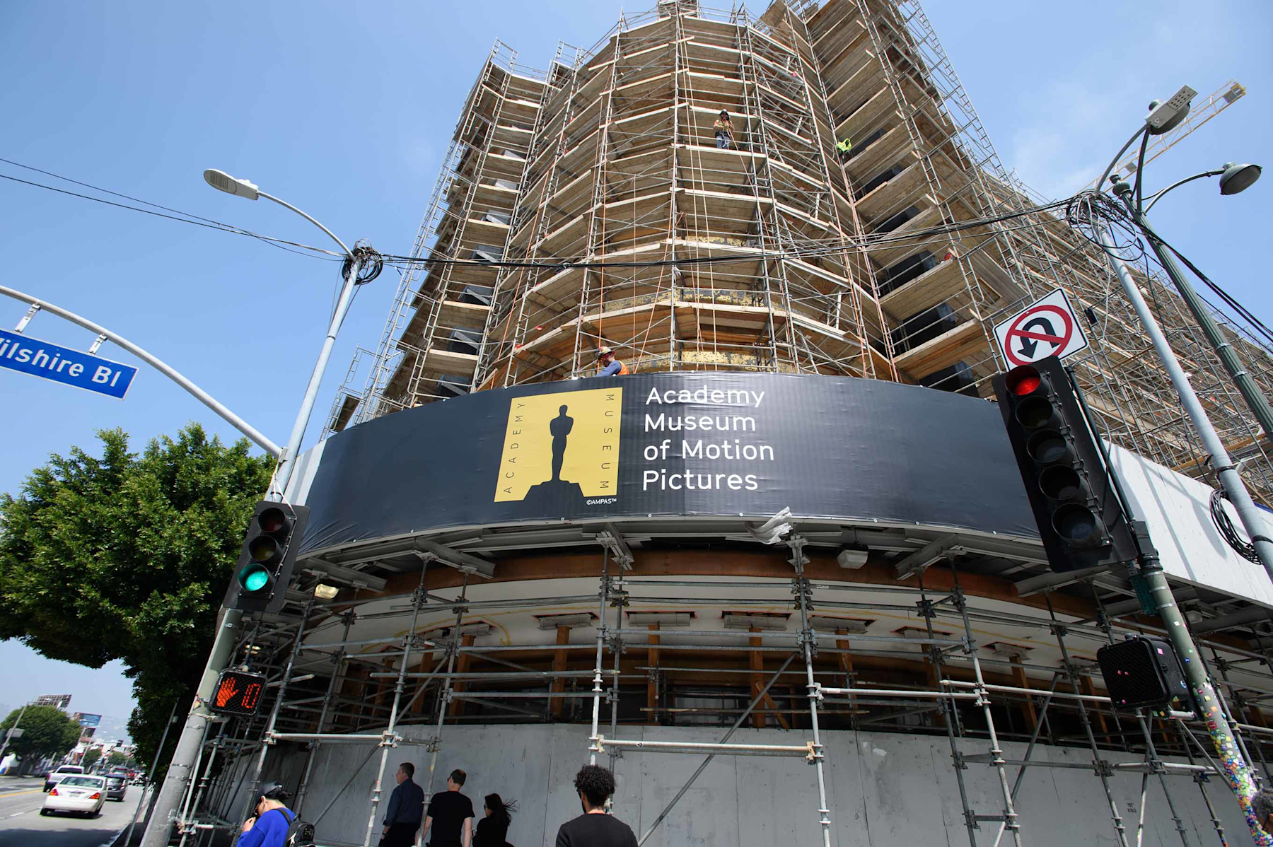 Construction is visible from the corner of Wilshire and Fairfax during the former May Co. building restoration project. ©Academy Museum Foundation