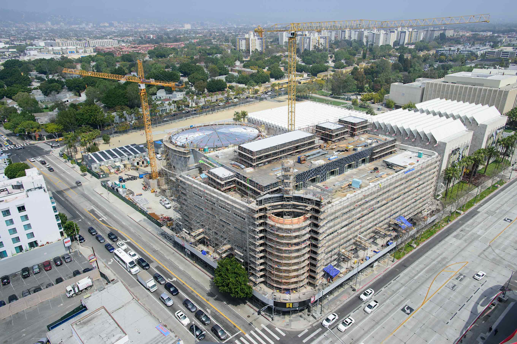 Aerial view of the May Co. building restoration project from Fairfax Ave and Wilshire Blvd. ©Academy Museum Foundation