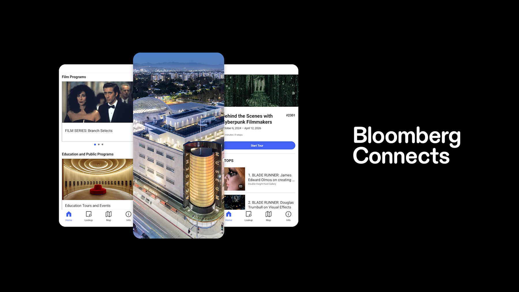 A promotional image for the Bloomberg Connects app. Three smartphone screens are layered over a black background. The central screen shows a photograph of the Academy Museum of Motion Pictures at dusk. The screens on the left and right show app interfaces with content about film programs, including "Blade Runner" and cyberpunk filmmakers. The "Bloomberg Connects" logo is at the bottom.