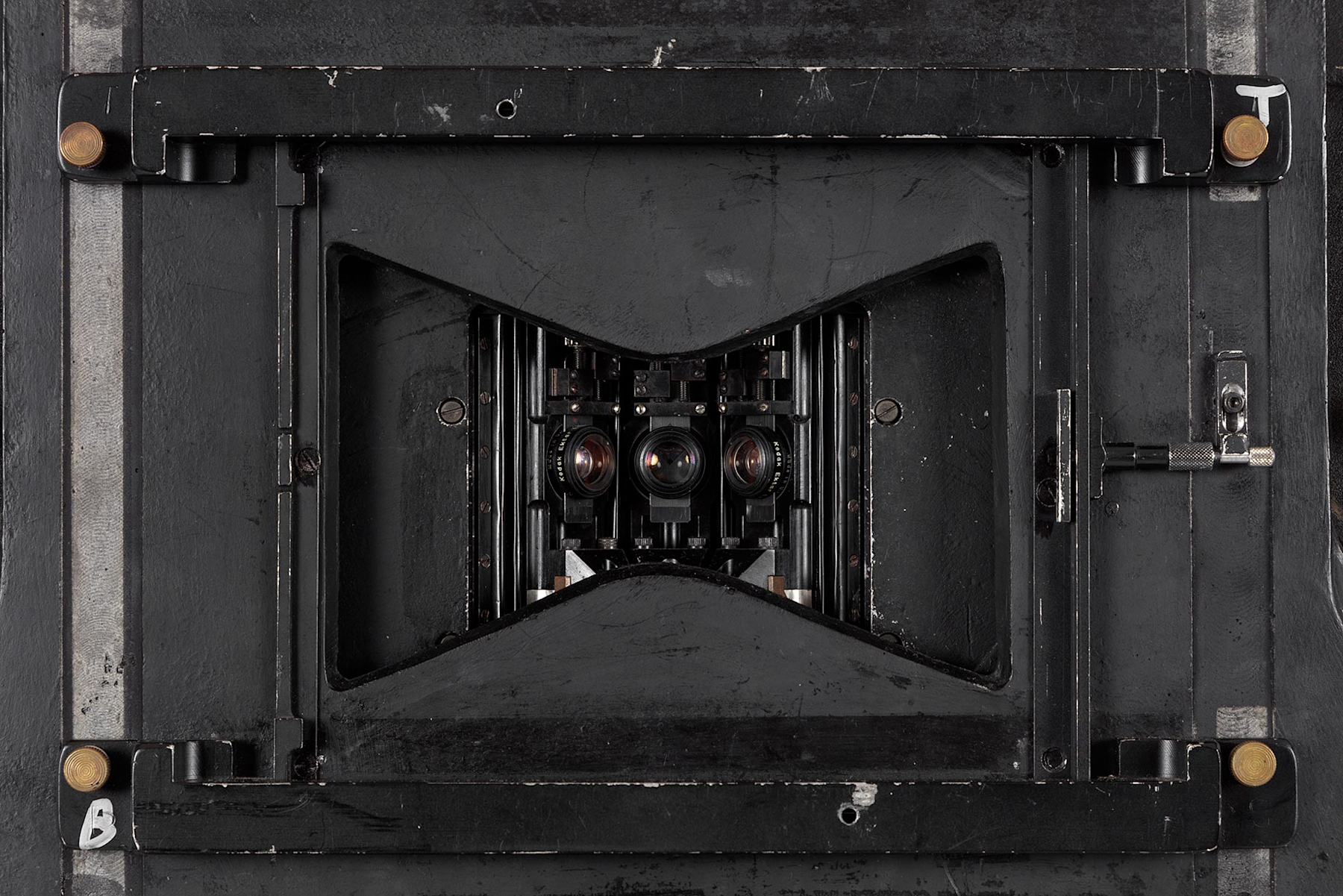 Detail of Cinerama camera with magazines, movements, and tripod. Gift of Michael Forman and Cinerama, Inc. Photography by Joshua White. ©Academy Museum Foundation