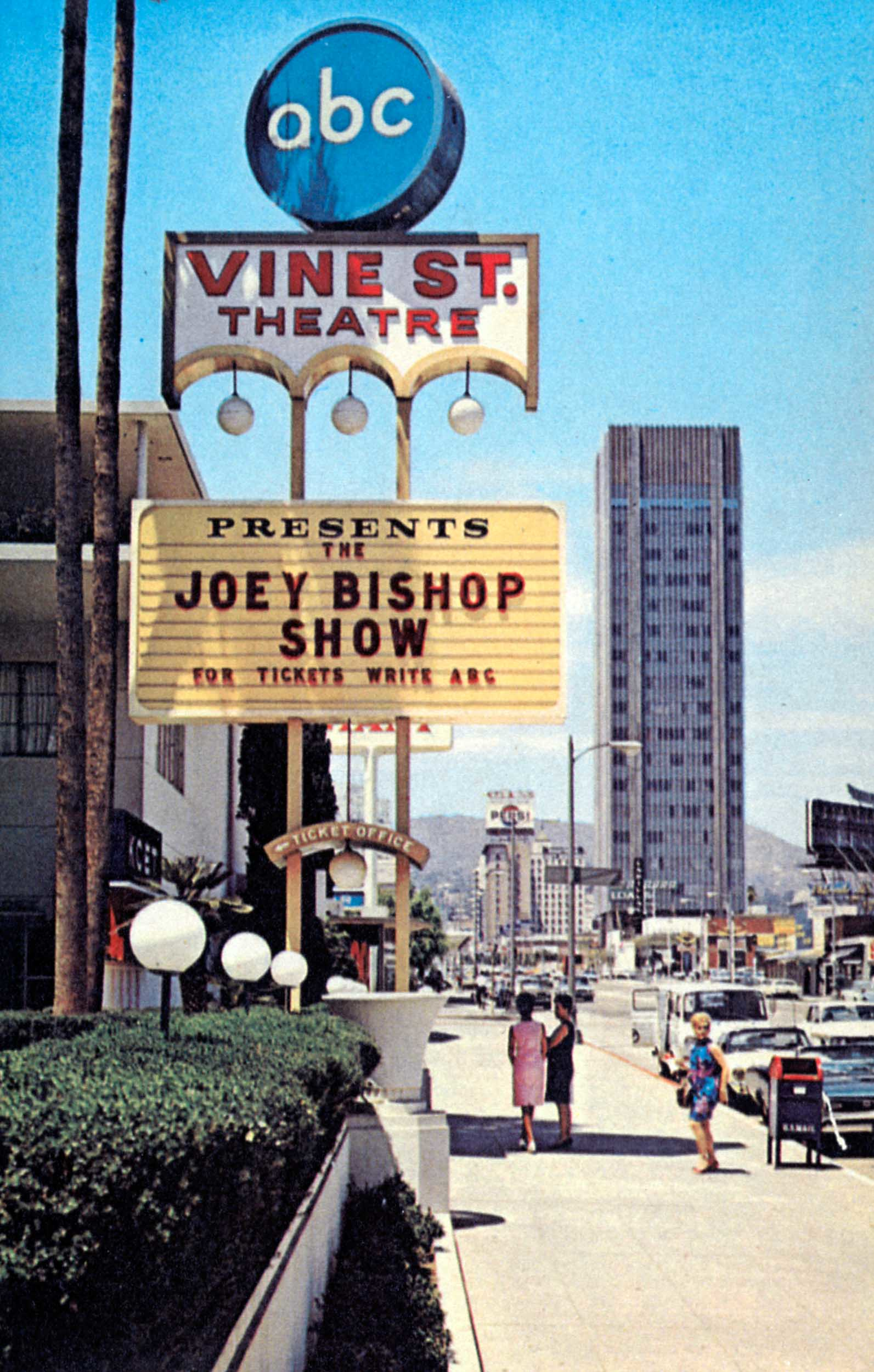 The marquee for the Joey Bishop Show at the ABC Vine Street Theater, ca. 1968, before becoming the Academy of Motion Picture Arts and Sciences Pickford Center for Motion Picture Study 

Courtesy of AMPAS reference collection, Margaret Herrick Library, Academy of Motion Picture Arts and Sciences 