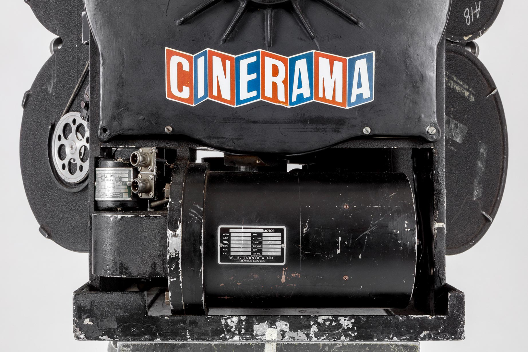 Detail of Cinerama camera with magazines, movements, and tripod. Gift of Michael Forman and Cinerama, Inc. Photography by Joshua White. ©Academy Museum Foundation