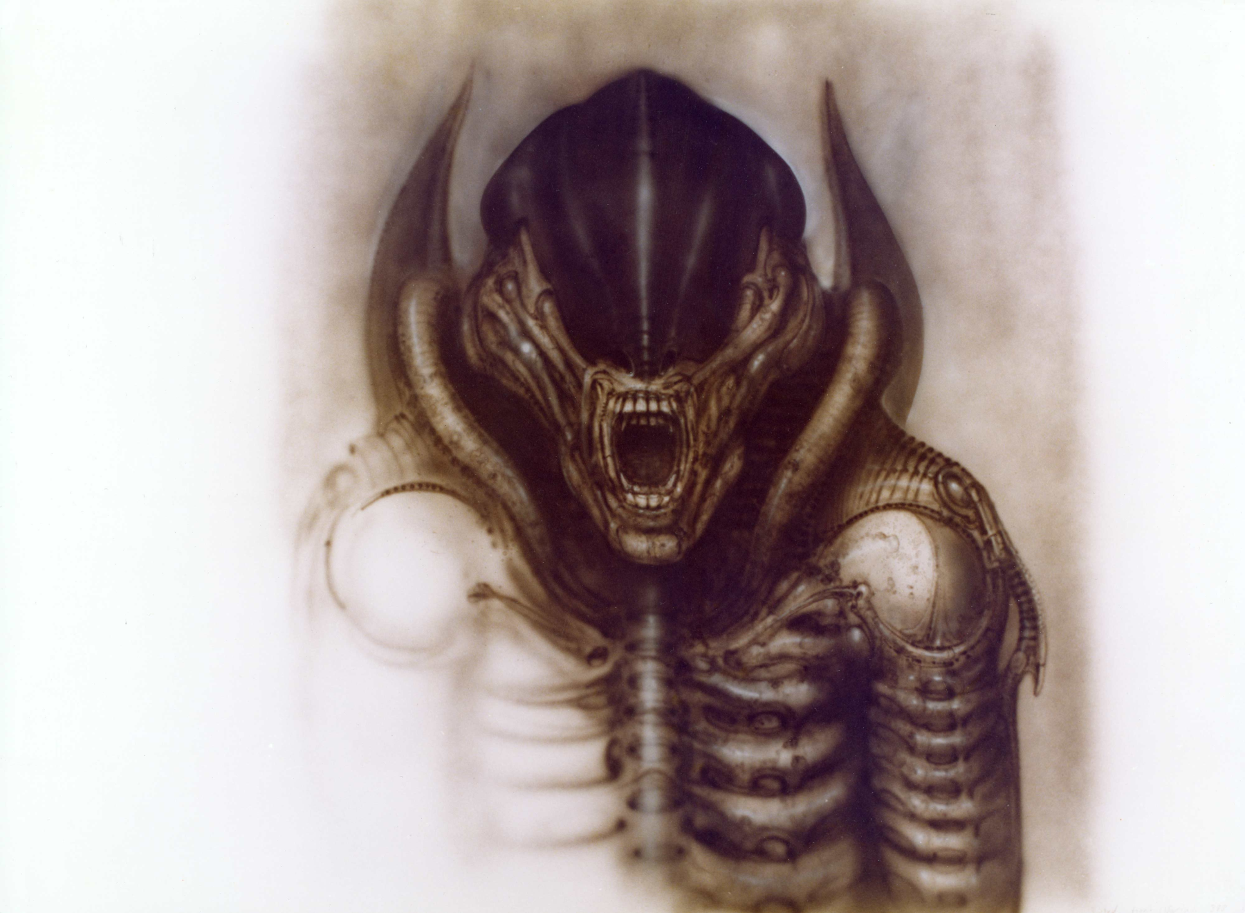 Production design drawing for Alien (1979) of creature, designed and created by H. R. Giger. Courtesy Margaret Herrick Library, ©Twentieth Century Fox