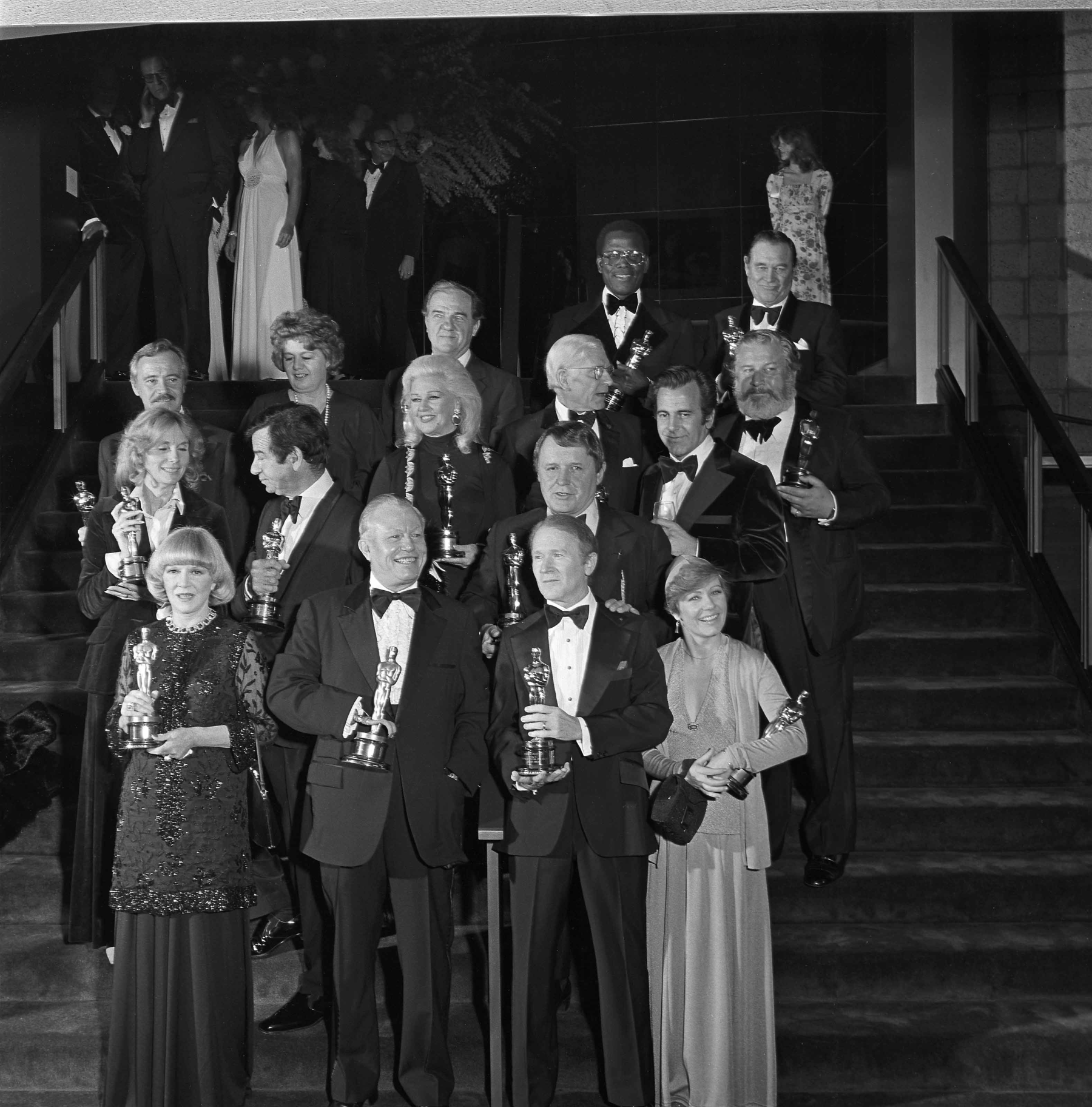 Guests attending the Gala Dedication of the new Academy headquarters on Wilshire Boulevard on December 8, 1975. Back to front, from left: Sidney Poitier, Ben Johnson, Jack Lemmon, Shelley Winters, Karl Malden, Ginger Rogers, Laurence Olivier, Peter Ustinov, Eva Marie Saint, Walter Matthau, Rod Steiger, Maximilian Schell, Claire Trevor, Harold Russell, Red Buttons, and Patty Duke.

Courtesy of AMPAS reference collection, Margaret Herrick Library, Academy of Motion Picture Arts and Sciences, photo: Long Photography 