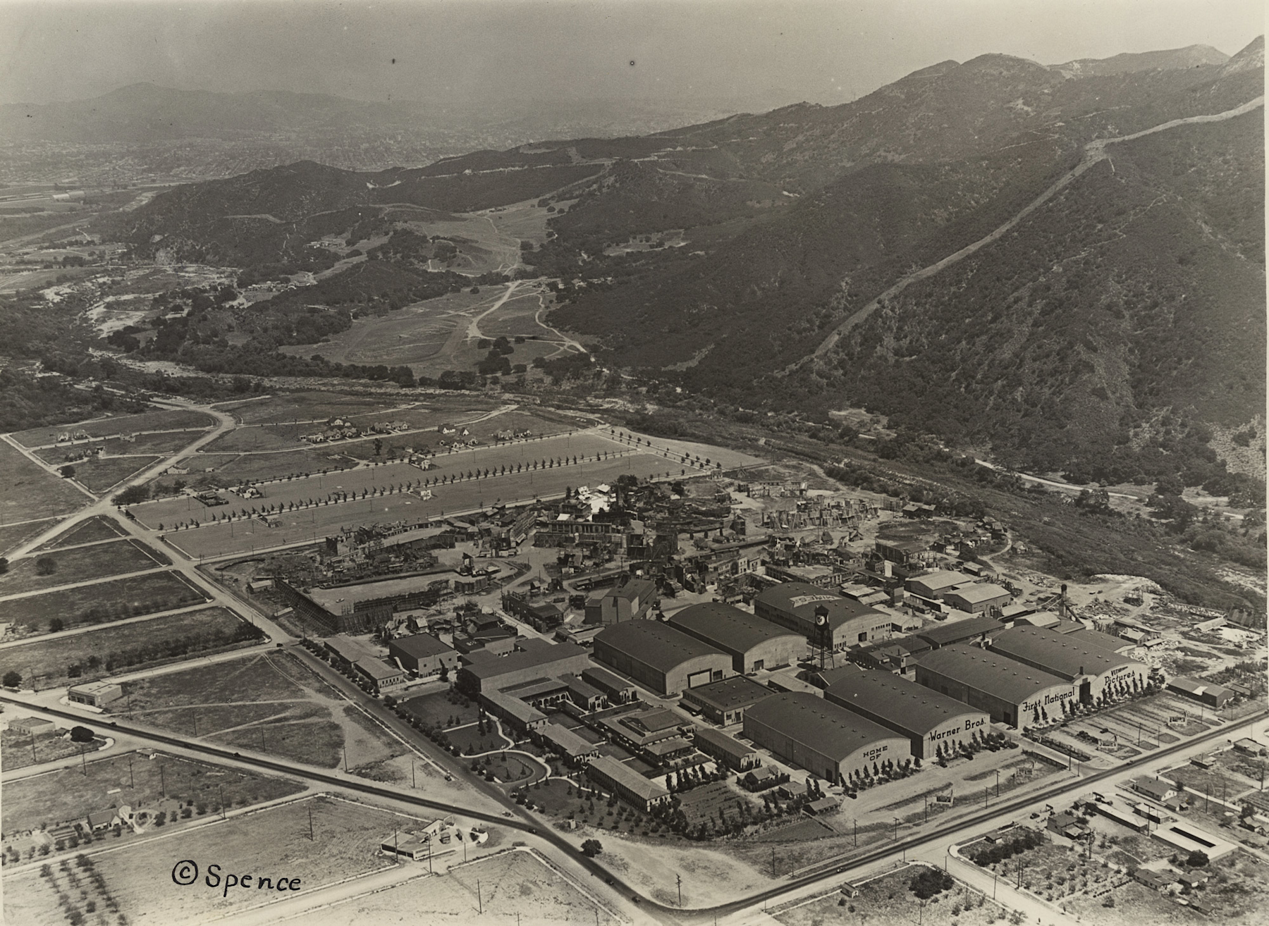 An aerial photograph of Warner Bros. Pictures Studios, 1930, courtesy of Margaret Herrick Library, Academy of Motion Picture Arts and Sciences.