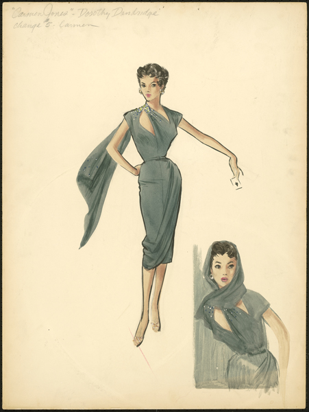 Costume design for Carmen Jones (1954) for Dorothy Dandridge, design by Mary Ann Nyberg, opaque watercolor with pen and black ink over graphite on illustration board. Courtesy Margaret Herrick Library, ©Twentieth Century Fox and Rogers and Hammerstein