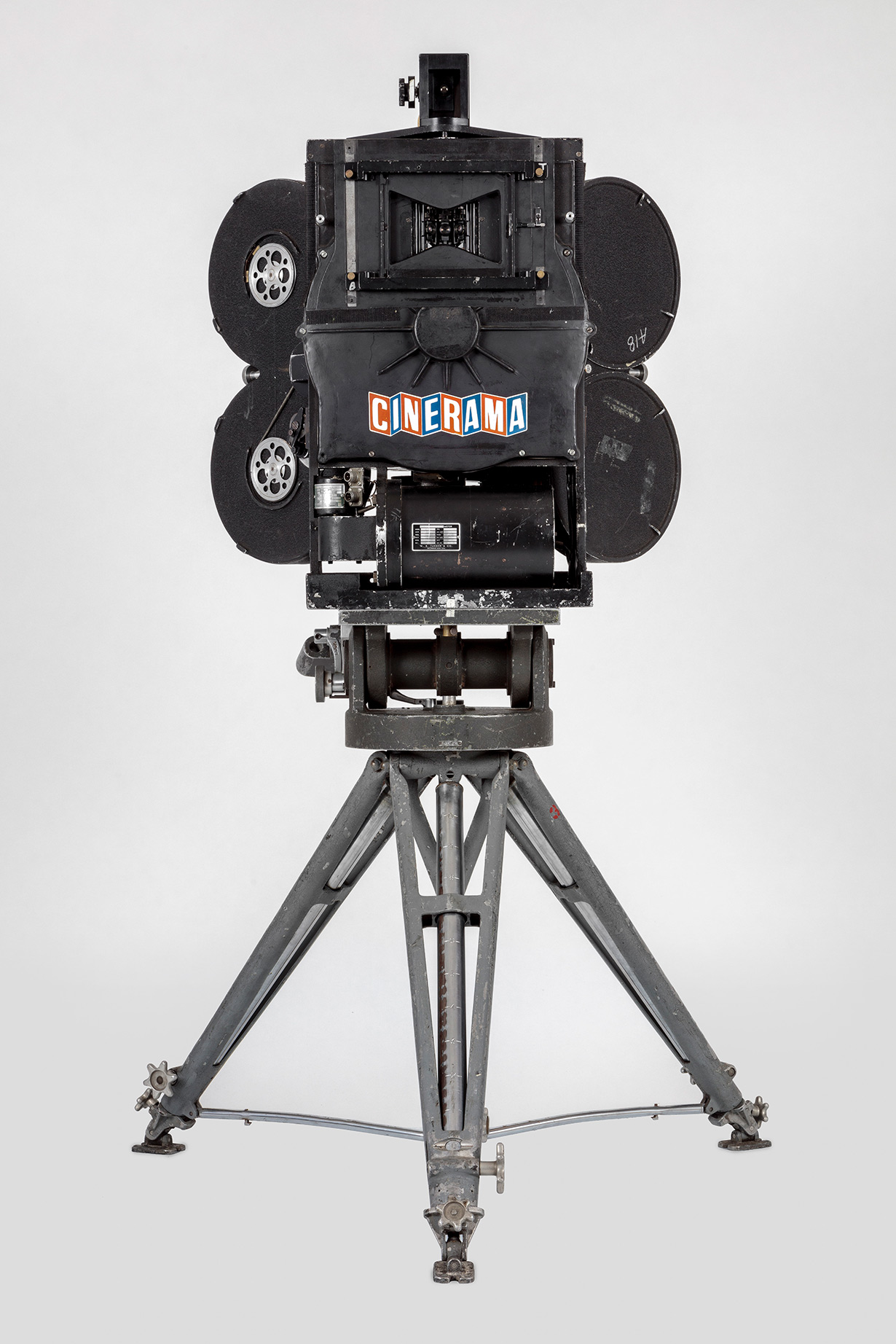 Cinerama camera with magazines, movements, and tripod. Gift of Michael Forman and Cinerama, Inc. Photography by Joshua White. ©Academy Museum Foundation