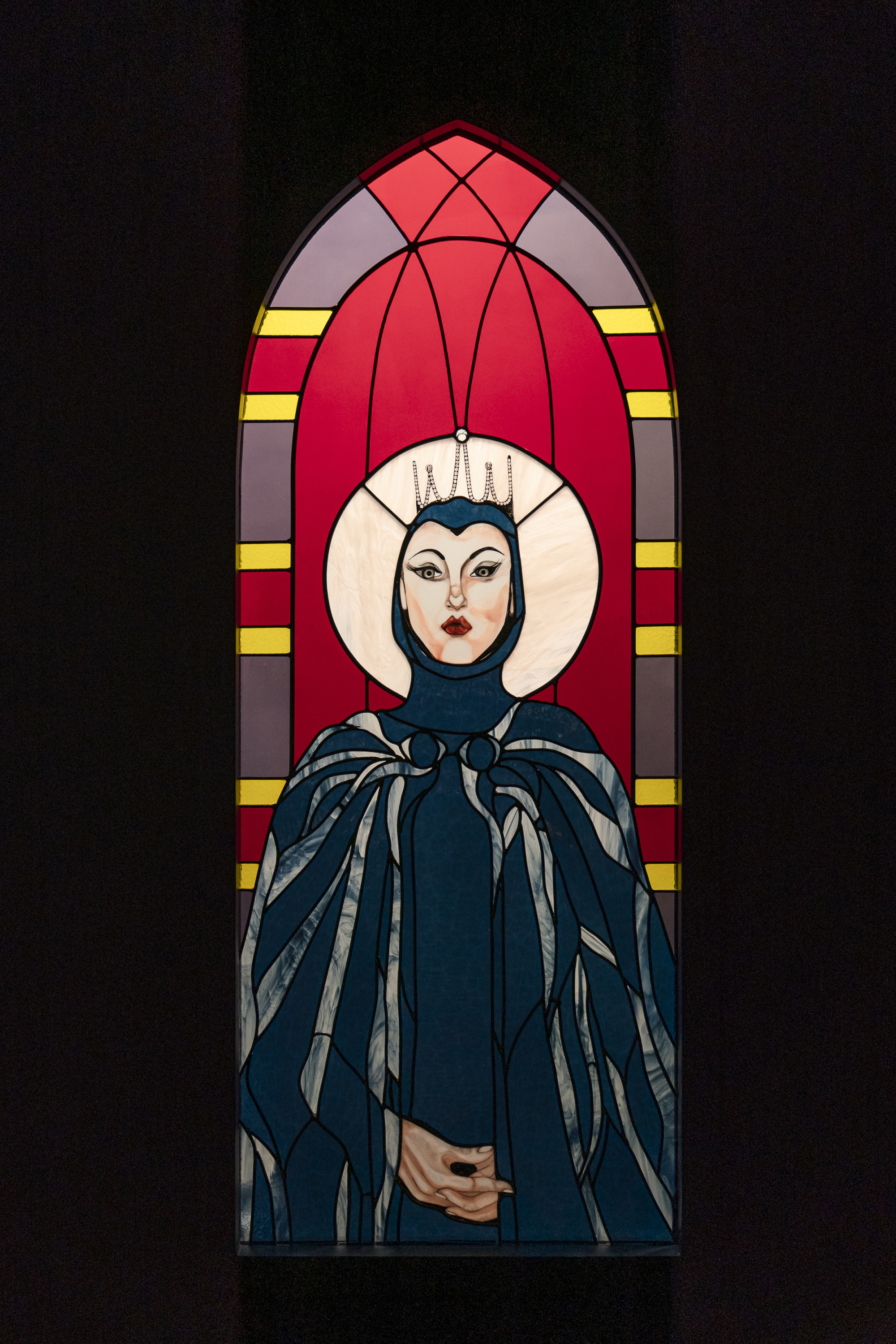 Image of character on stained-glass window. To be used for program with John Waters and Mink Stole. 