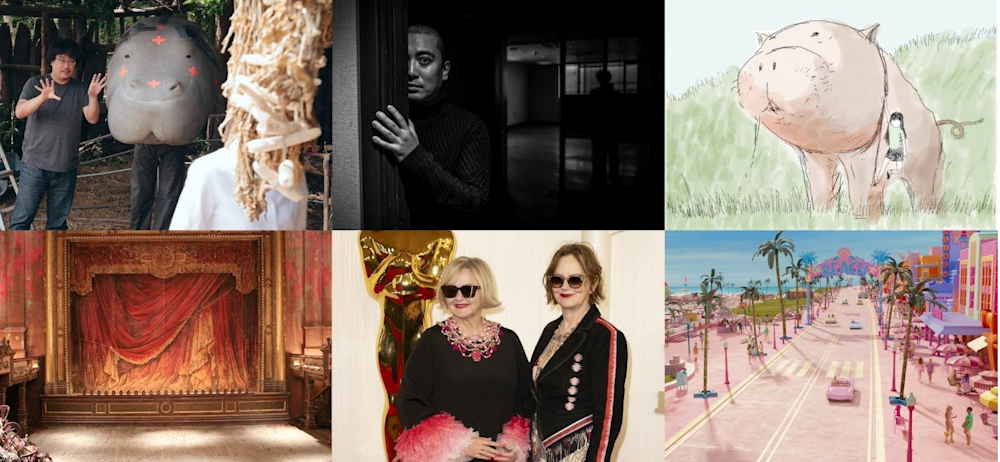 Image Credits (L-R): Bong Joon Ho on Okja (2017) set, photo: Lee Jaehyuk, image courtesy of Netflix; Concept art for Okja, drawing by Bong Joon Ho, image courtesy of Netflix; Set photo from Parasite (2019), photo: Bong Joon Ho; Concept art from Anna Karenina (2012), image courtesy of Universal Studios Licensing LLC; Sarah Greenwood and Katie Spencer at 96th Academy Awards, photo: Nick Agro © A.M.P.A.S; Still from Barbie (2023), licensed by Warner Bros. Discovery, all rights reserved.