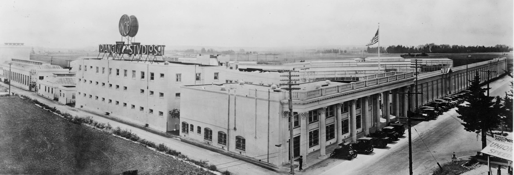 The front of the Triangle Studios was as recognizable back when this photo was taken in the mid-1910s as it is now under Sony’s management, Martin Turnbell and The Bison Archive.