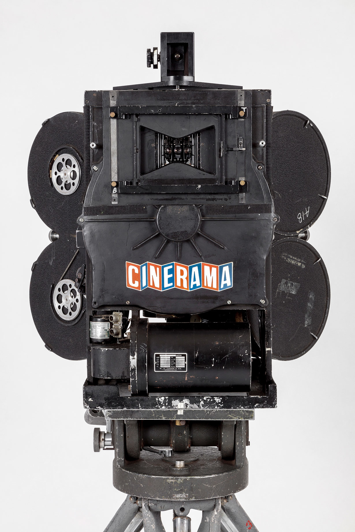 Detail of Cinerama camera with magazines, movements, and tripod. Gift of Michael Forman and Cinerama, Inc. Photography by Joshua White. ©Academy Museum Foundation