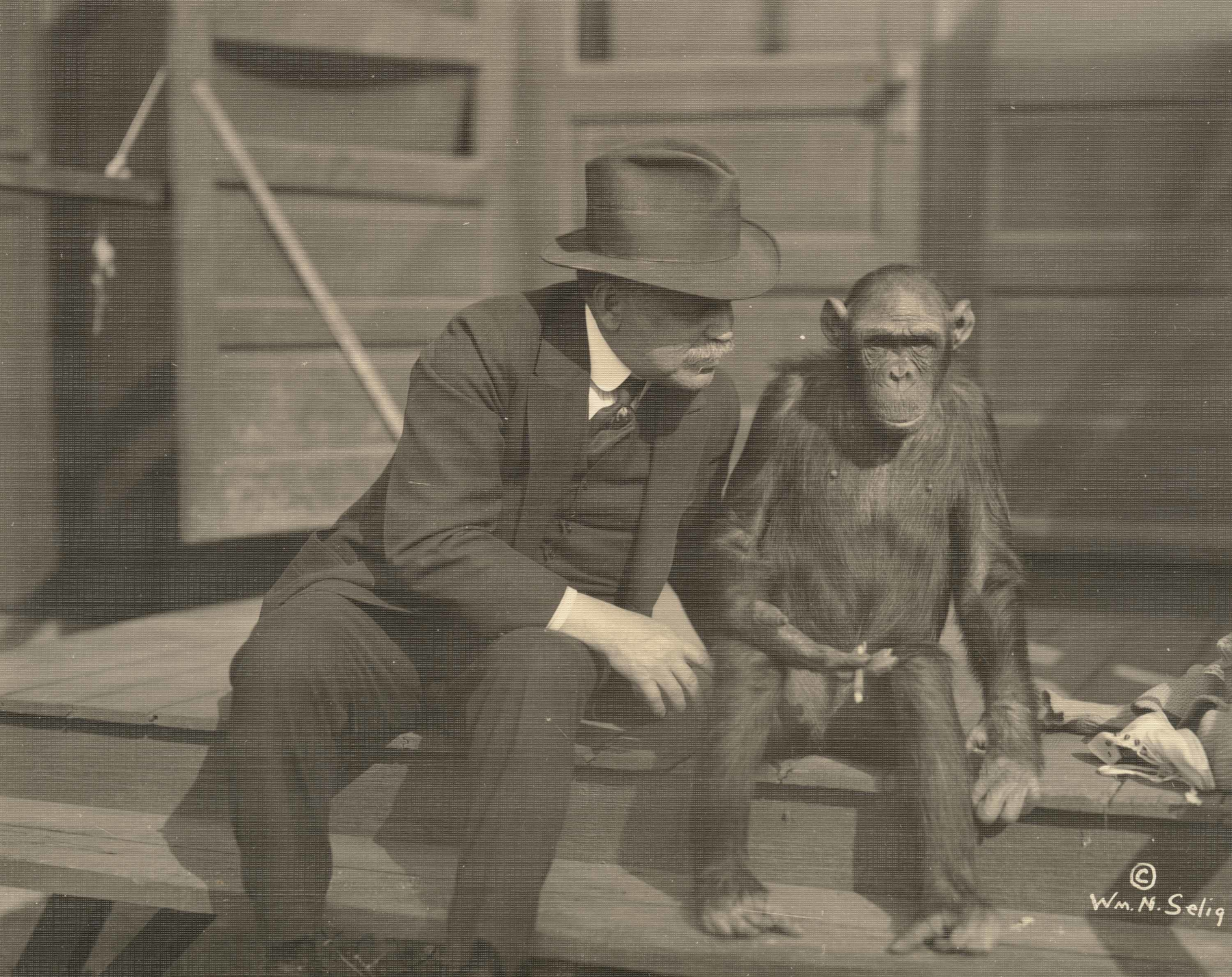 Colonel William N. Selig with chimpanzee at Selig Zoo, Los Angeles, California, ca. 1913, William Selig papers, Margaret Herrick Library, Academy of Motion Picture Arts and Sciences.