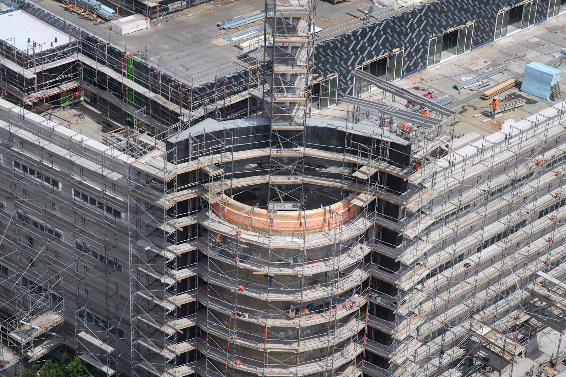 Aerial view of the May Co. building restoration project from Fairfax Ave and Wilshire Blvd. ©Academy Museum Foundation