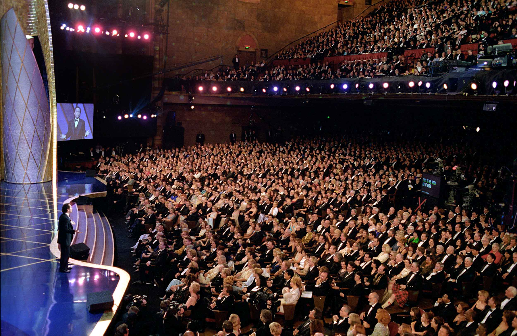 The audience seated in the Shrine Auditorium during the Academy Awards ceremony,1998
Courtesy of Academy Awards show photographs, Margaret Herrick Library, Academy of Motion Picture Arts and Sciences, photo: Long Photography